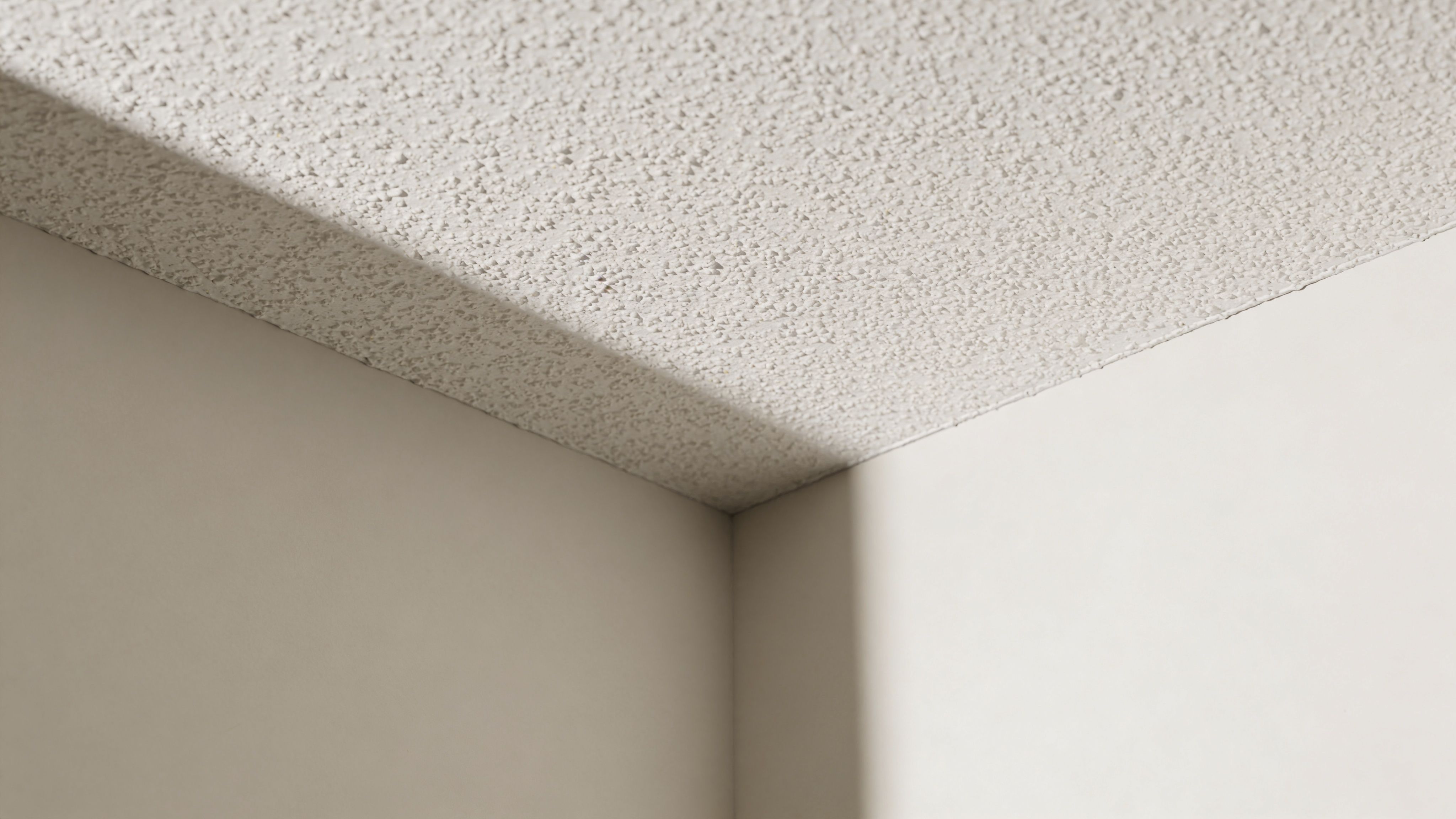 A close-up view of a transition between a smooth painted wall and a textured popcorn ceiling.