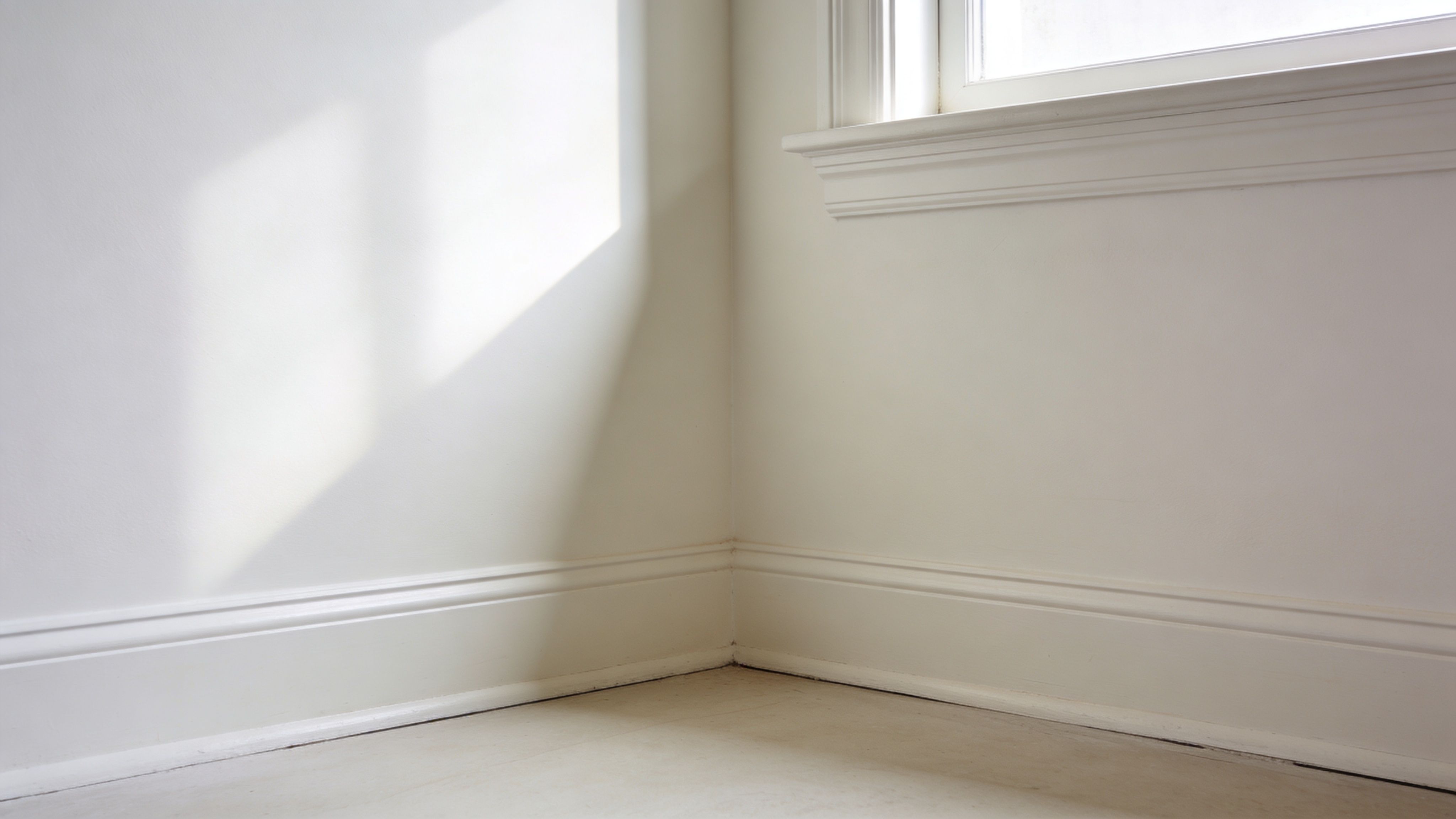 A brightly lit corner of a room featuring white walls, baseboards, and natural sunlight casting shadows.