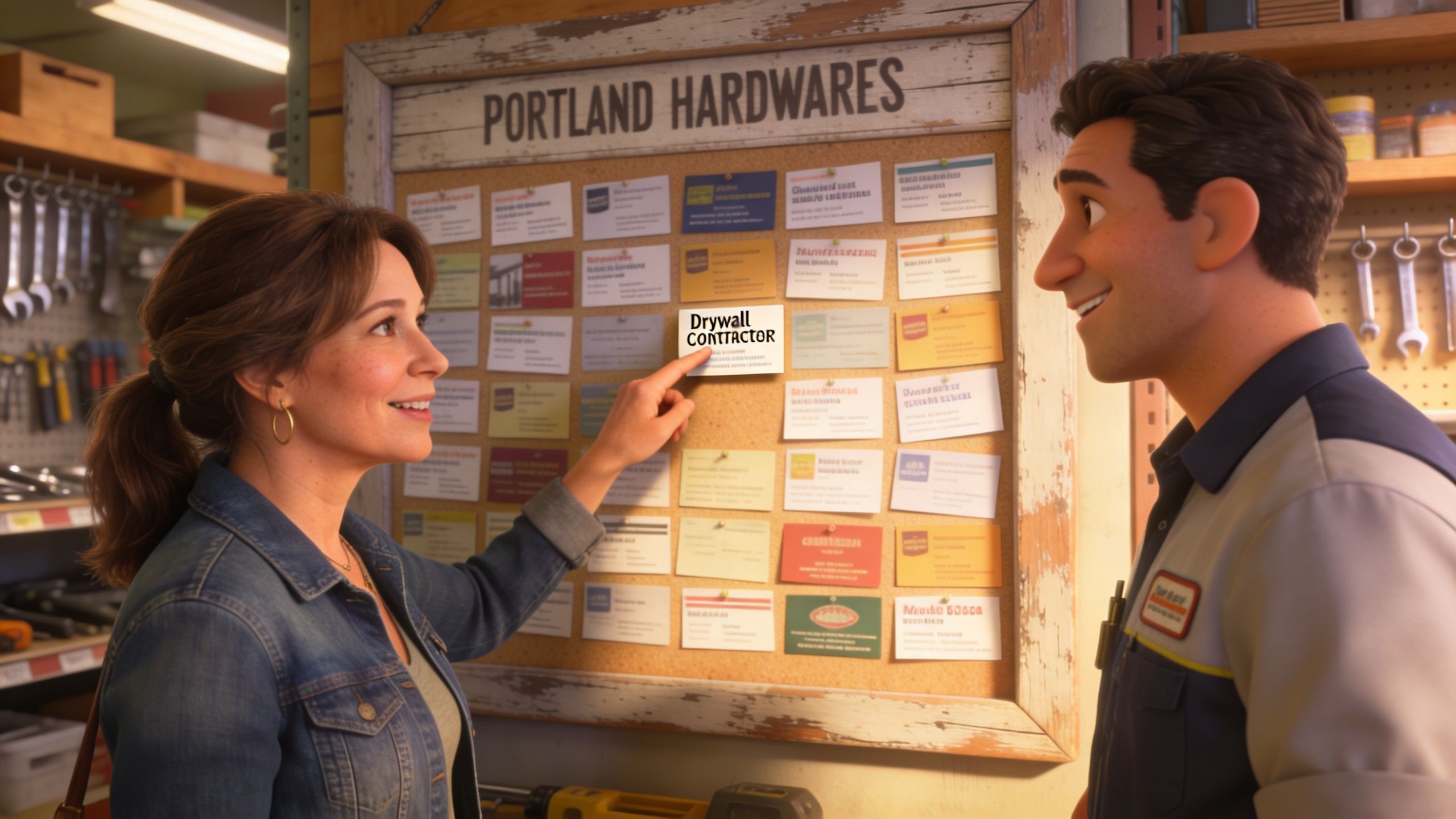 A woman pointing to a Drywall Contractor business card on a hardware store notice board.