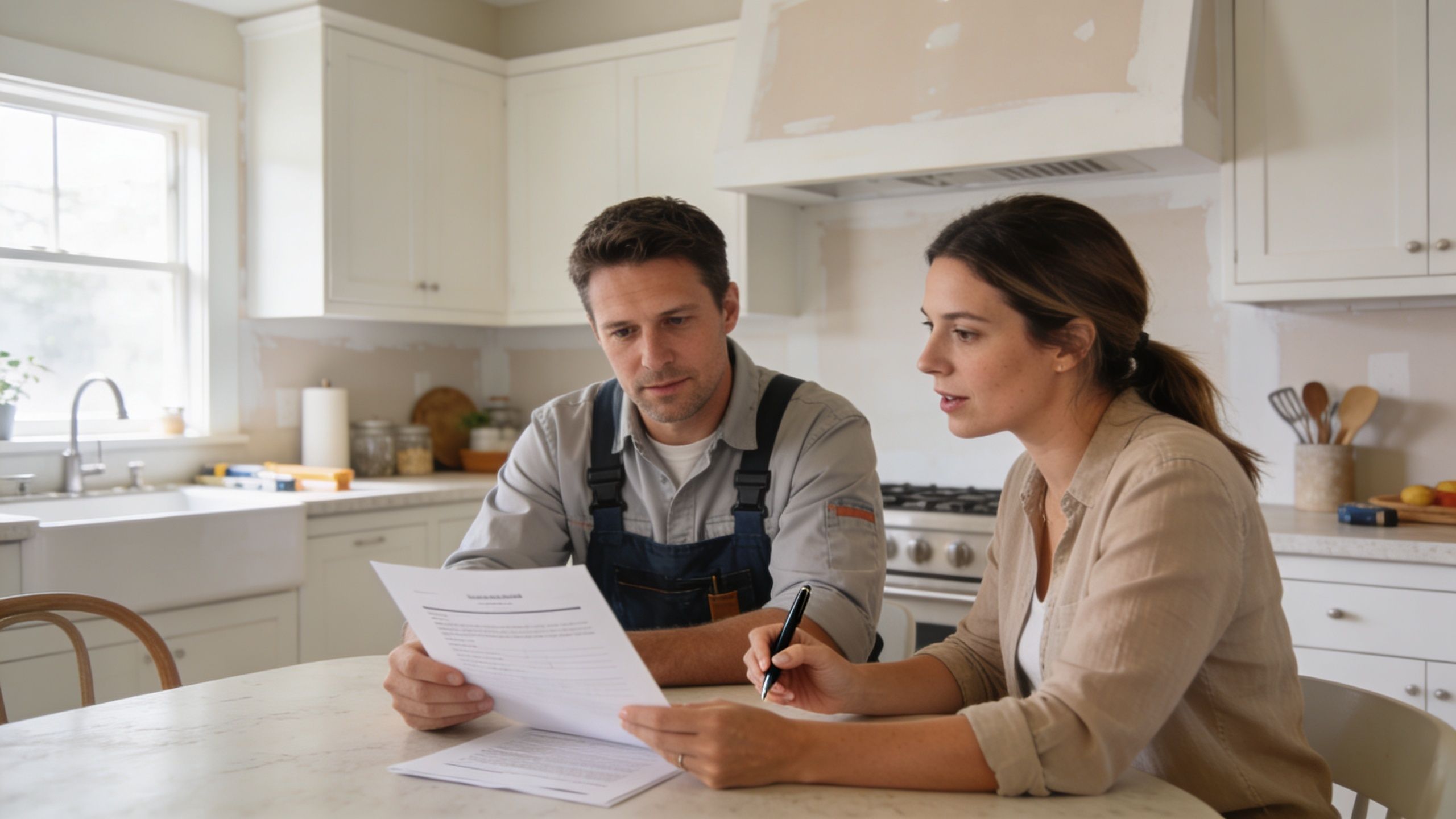A professional contractor and a homeowner reviewing renovation contract documents together in a kitchen.