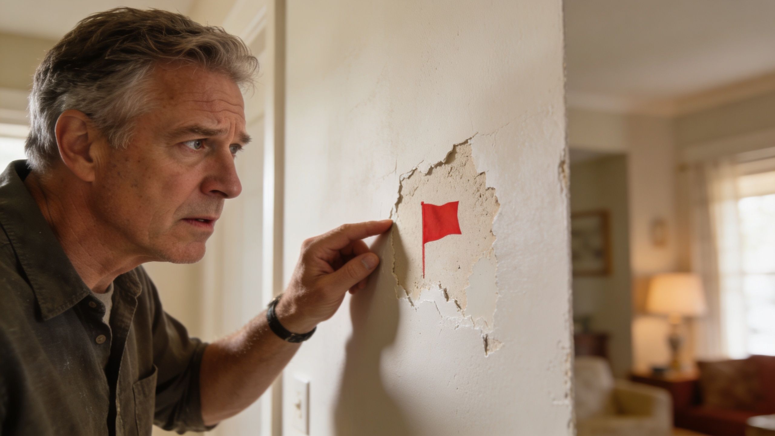A concerned middle-aged man examining a damaged patch of drywall with a red flag icon visible.