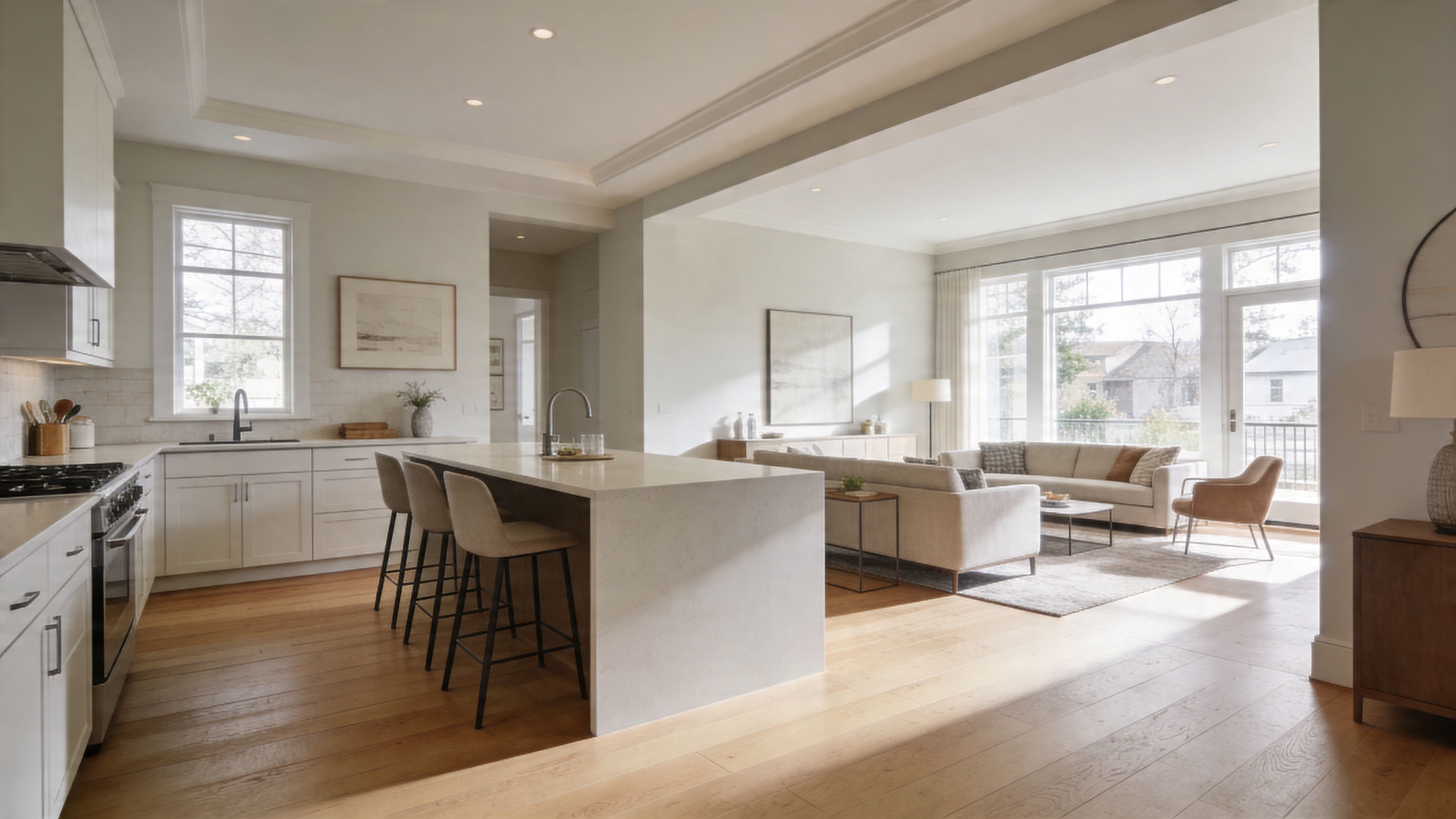 A bright open-concept kitchen and living area featuring a large center island, wooden floors, and modern decor.