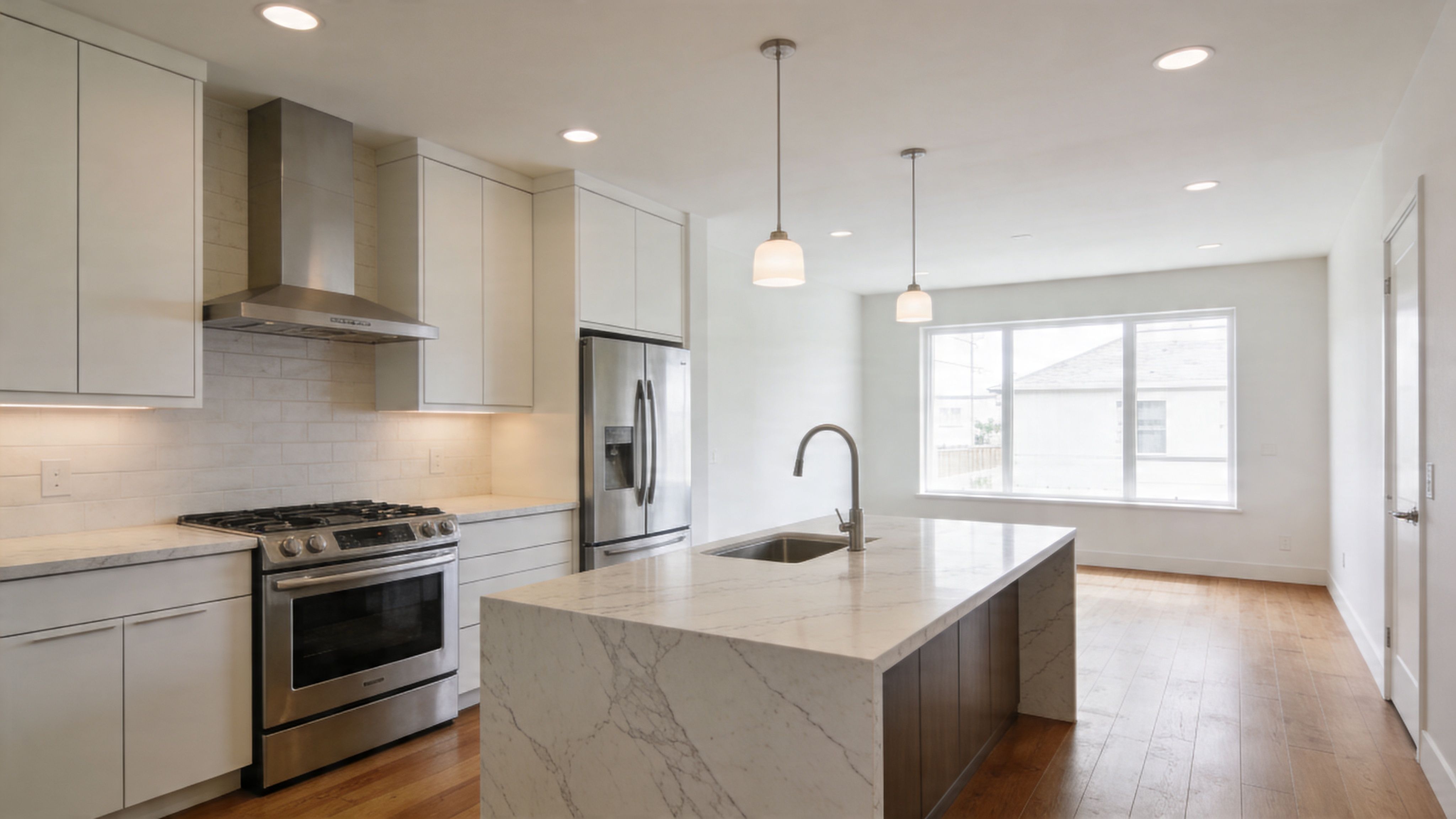 A bright, modern kitchen featuring white cabinetry, marble countertops, stainless steel appliances, and a wood floor.