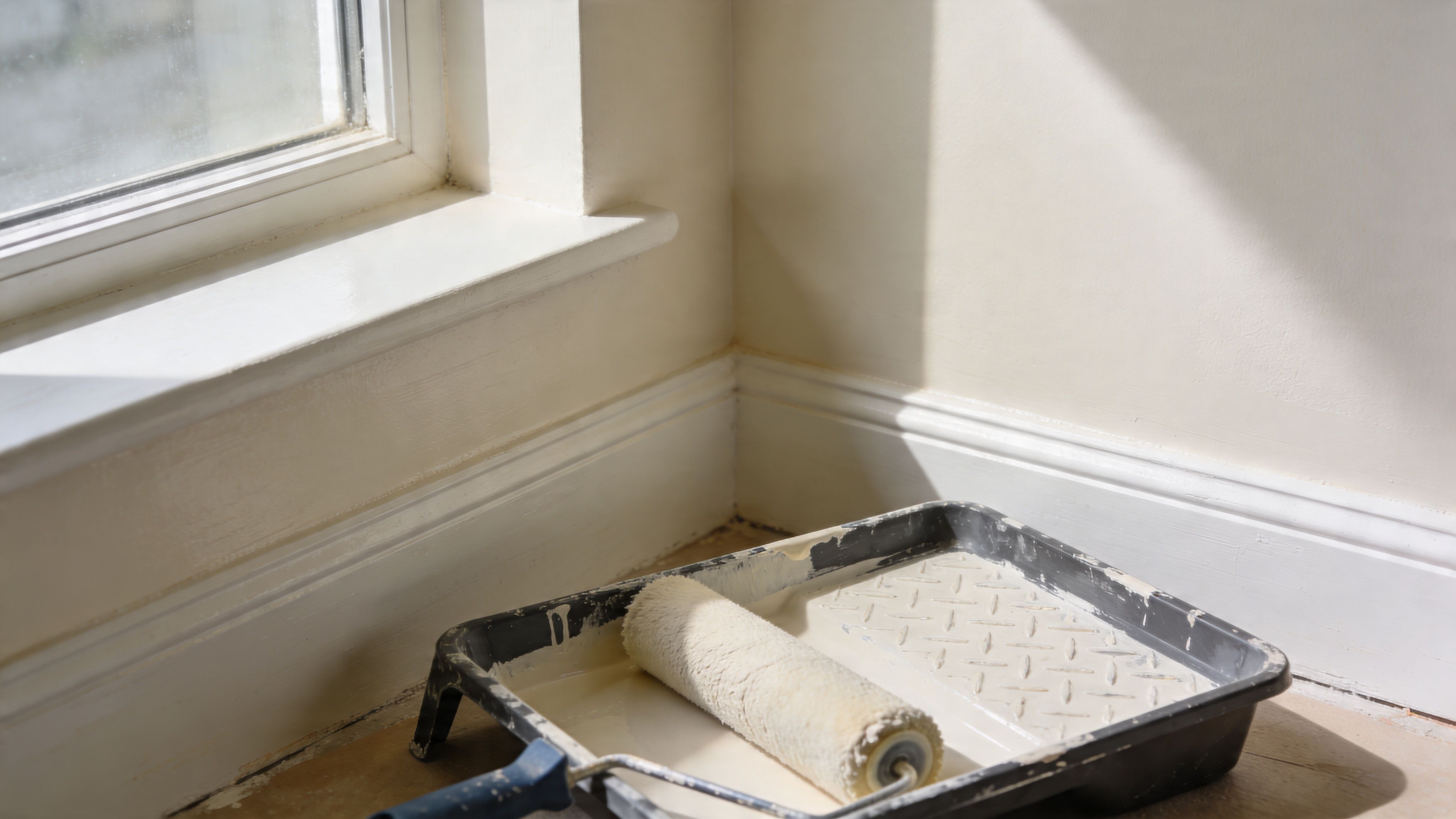 A paint roller resting in a tray with light beige paint near a freshly painted baseboard corner.