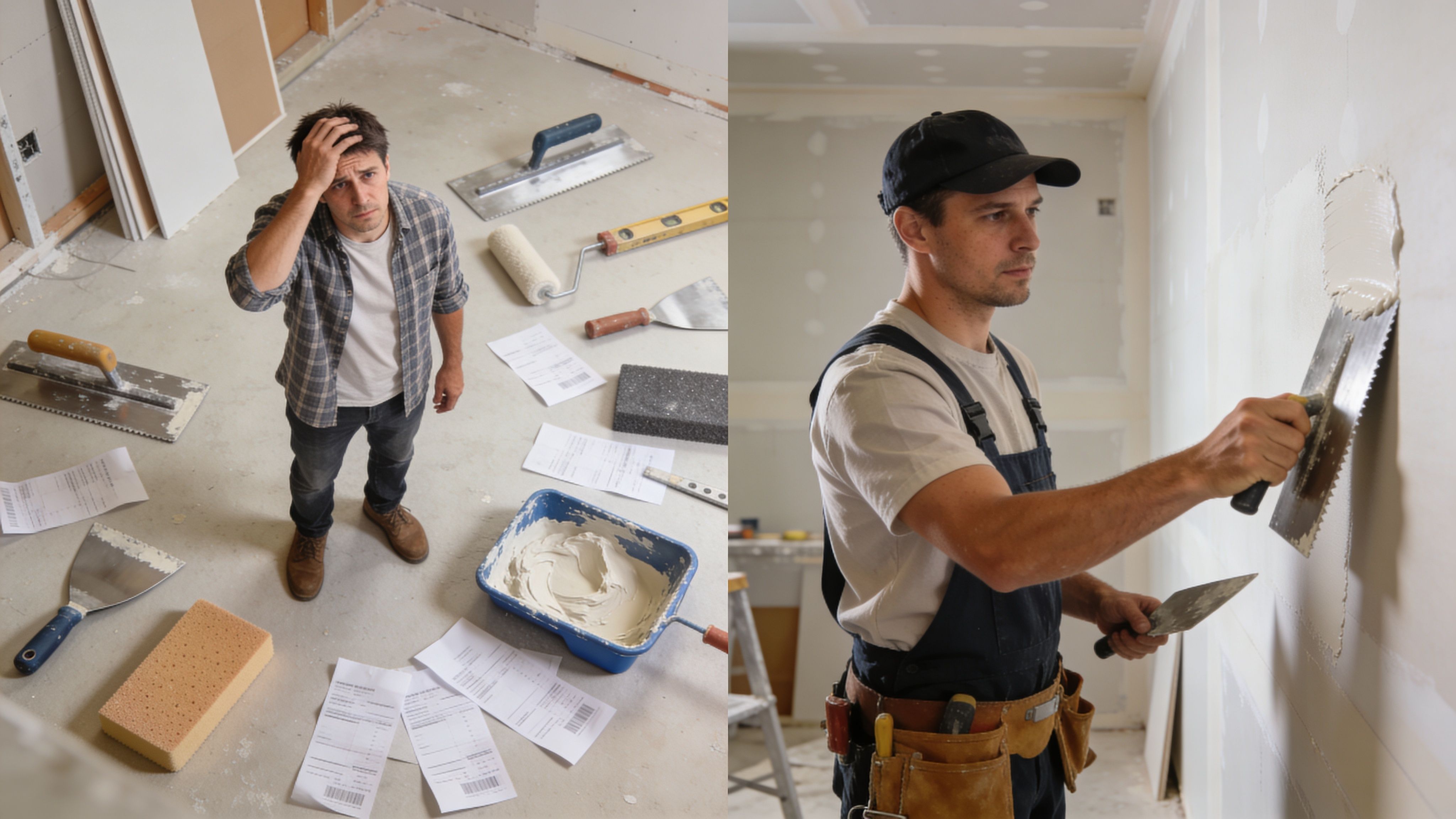 A split image showing a stressed man surrounded by construction tools and a worker applying drywall plaster.