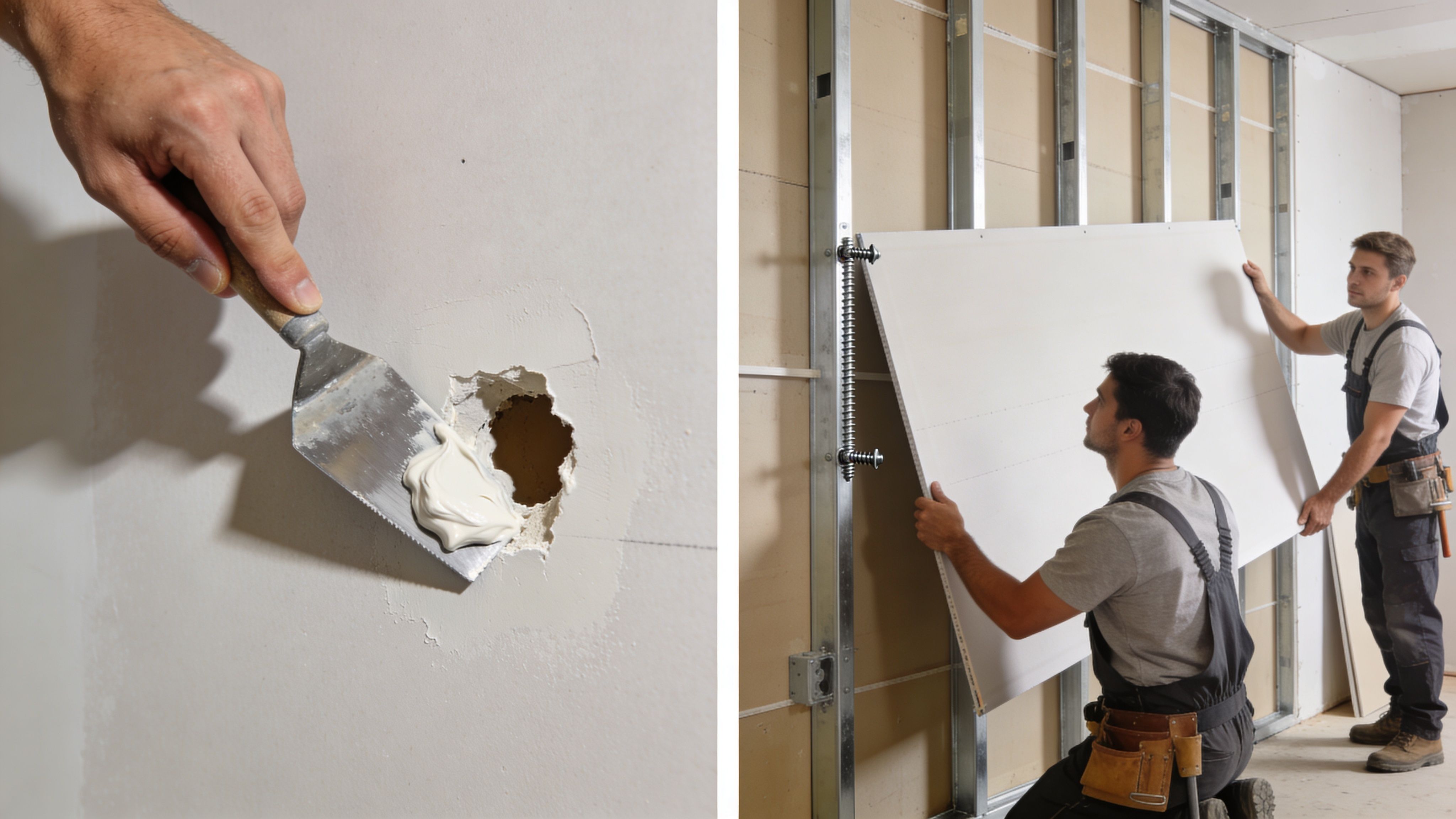A composite image showing a worker repairing a hole in drywall and two workers installing a new sheet.
