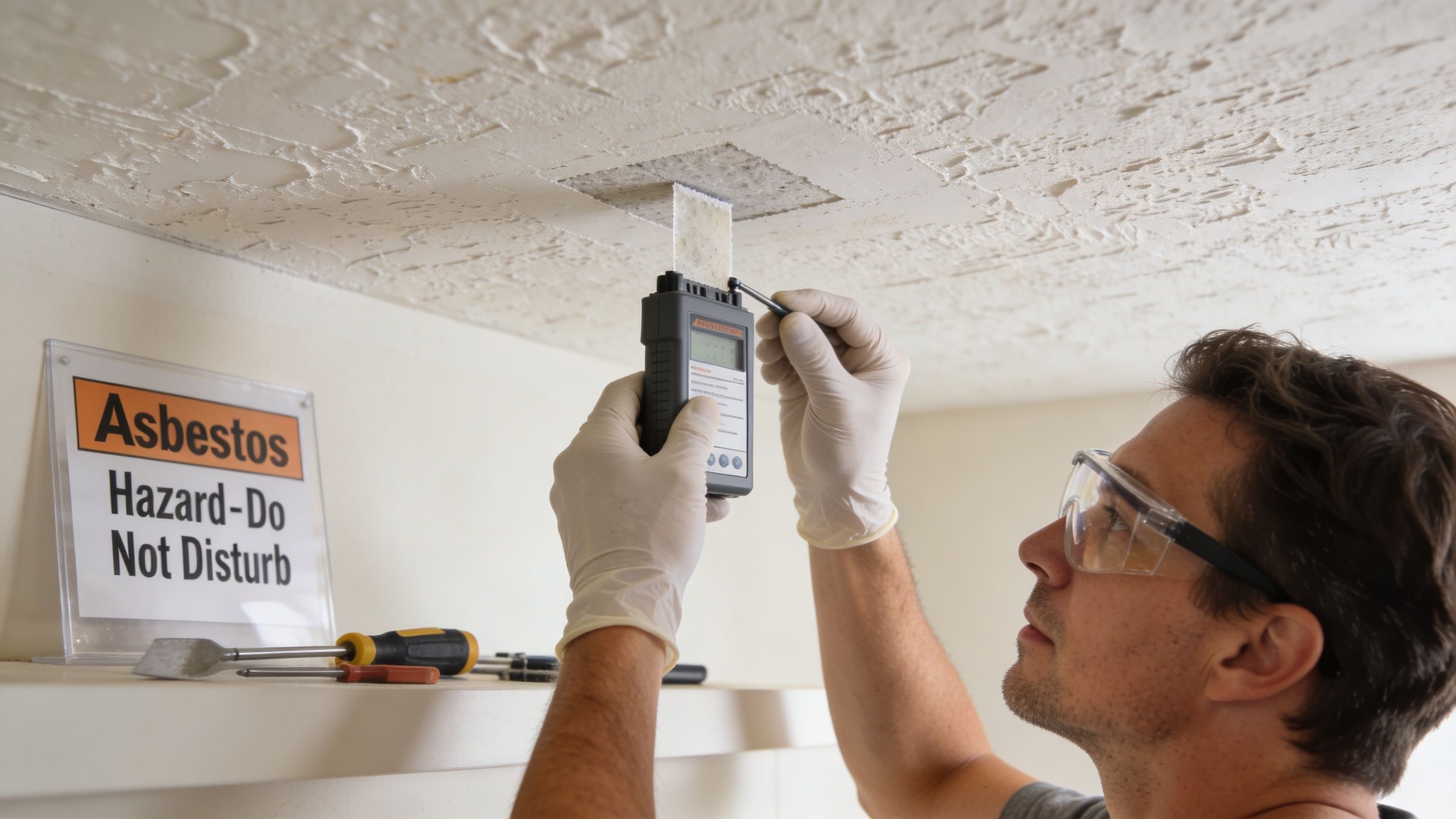 A professional technician wearing safety gear inspects a textured ceiling for possible asbestos contamination using testing equipment.
