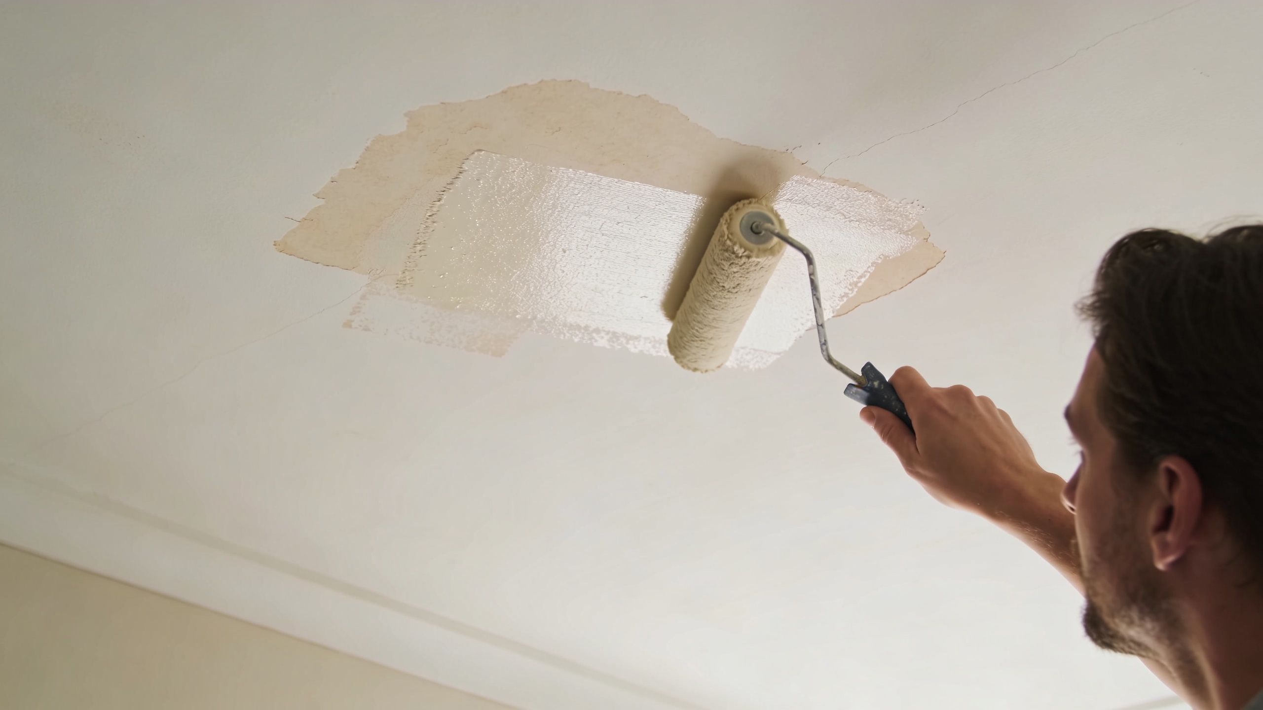 A man using a paint roller to apply primer to a damaged section of a white ceiling.