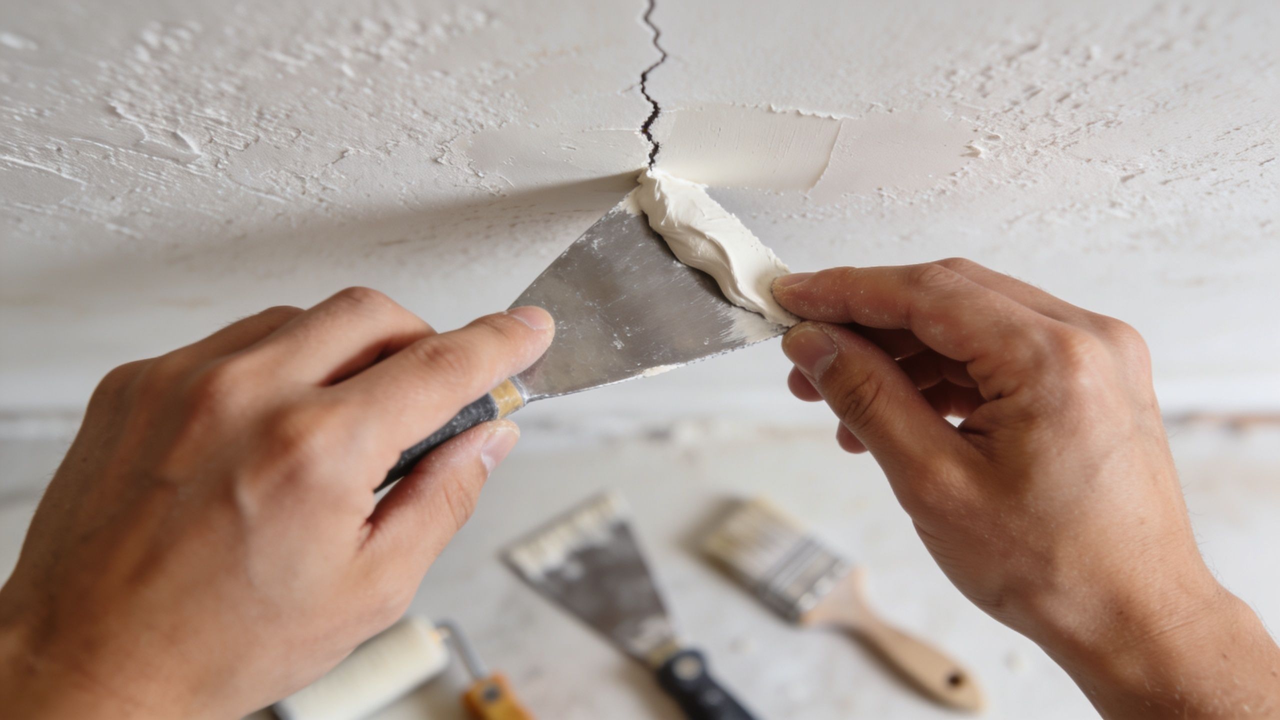 A close-up view of hands using a putty knife to apply filler to a cracked textured ceiling.
