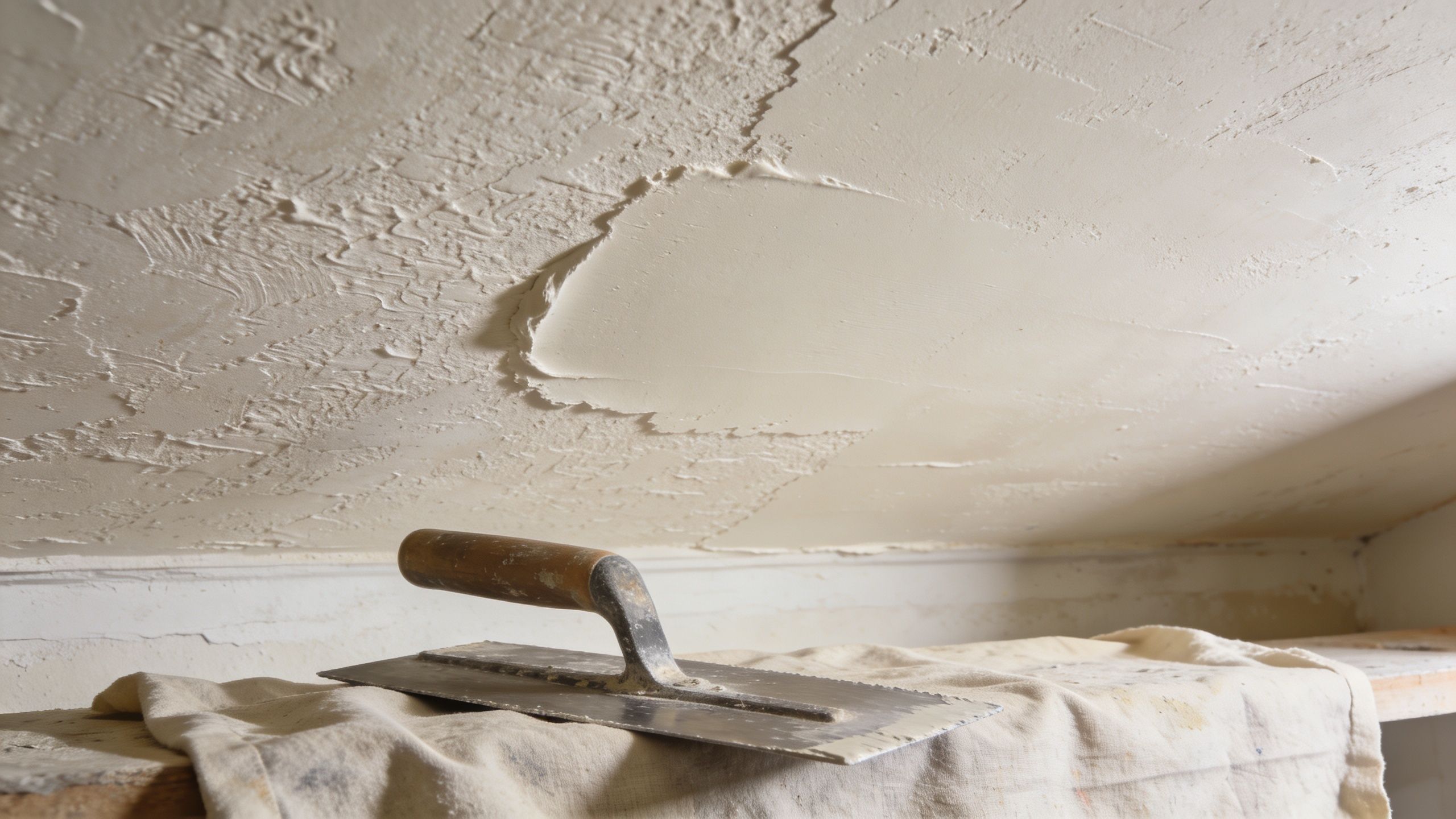 A steel plastering trowel rests on a cloth sheet beneath a ceiling undergoing a smoothing repair process.