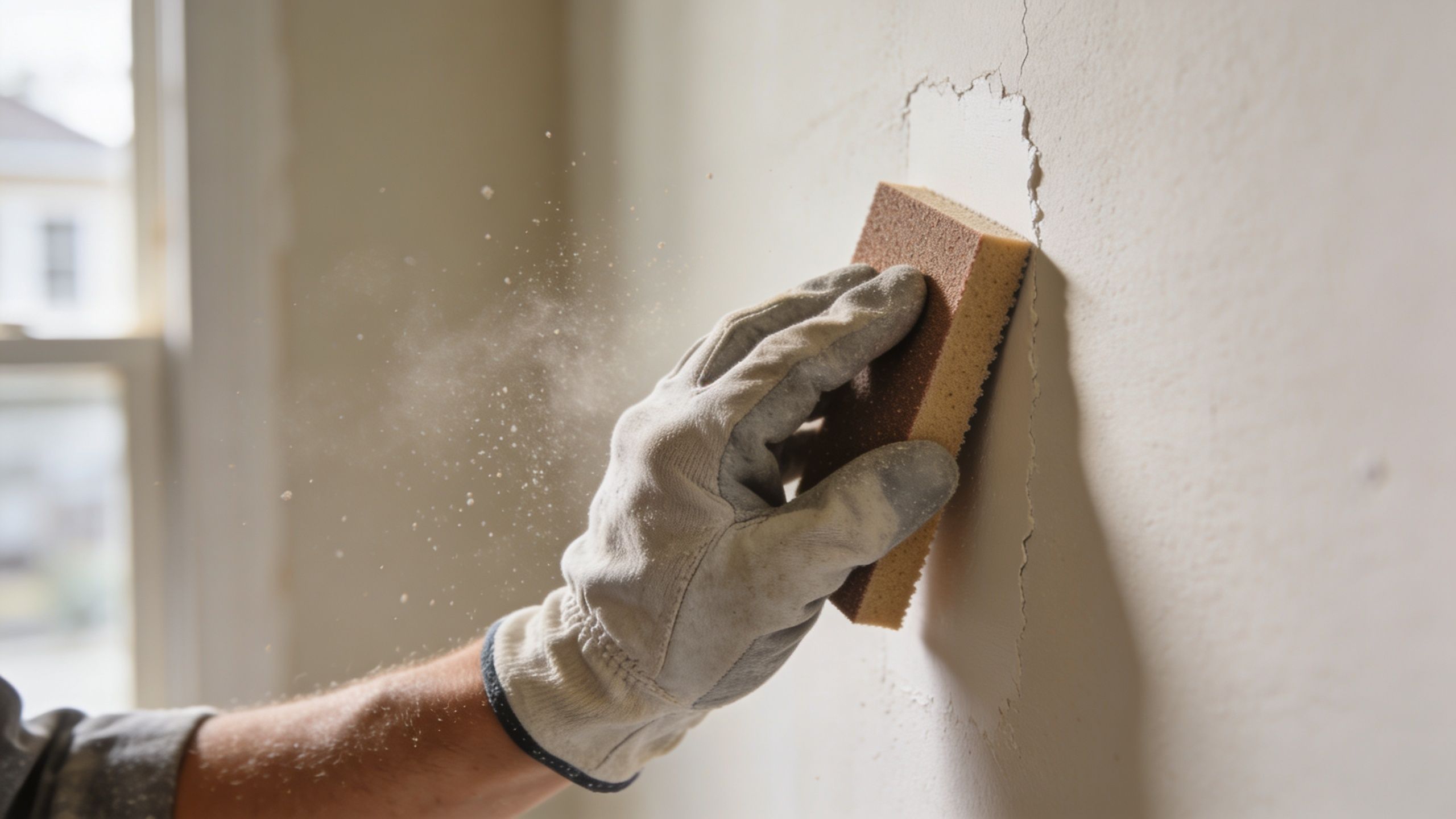 A construction worker wearing gloves uses a sanding block to smooth a crack on a drywall wall.