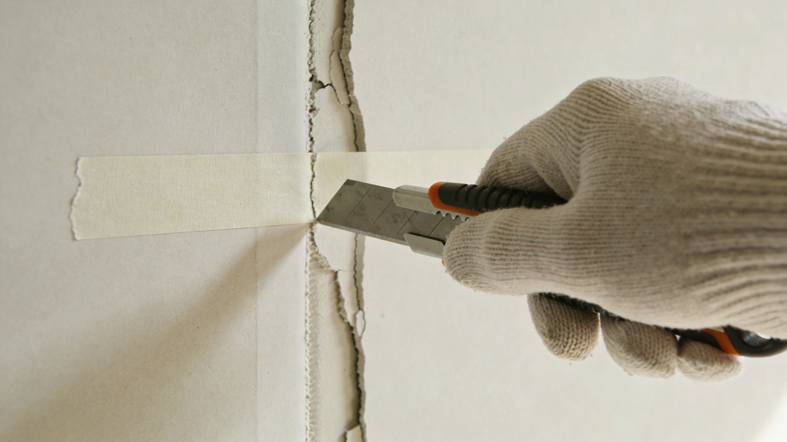 A gloved hand uses a utility knife to trim masking tape over a gap in drywall seams.