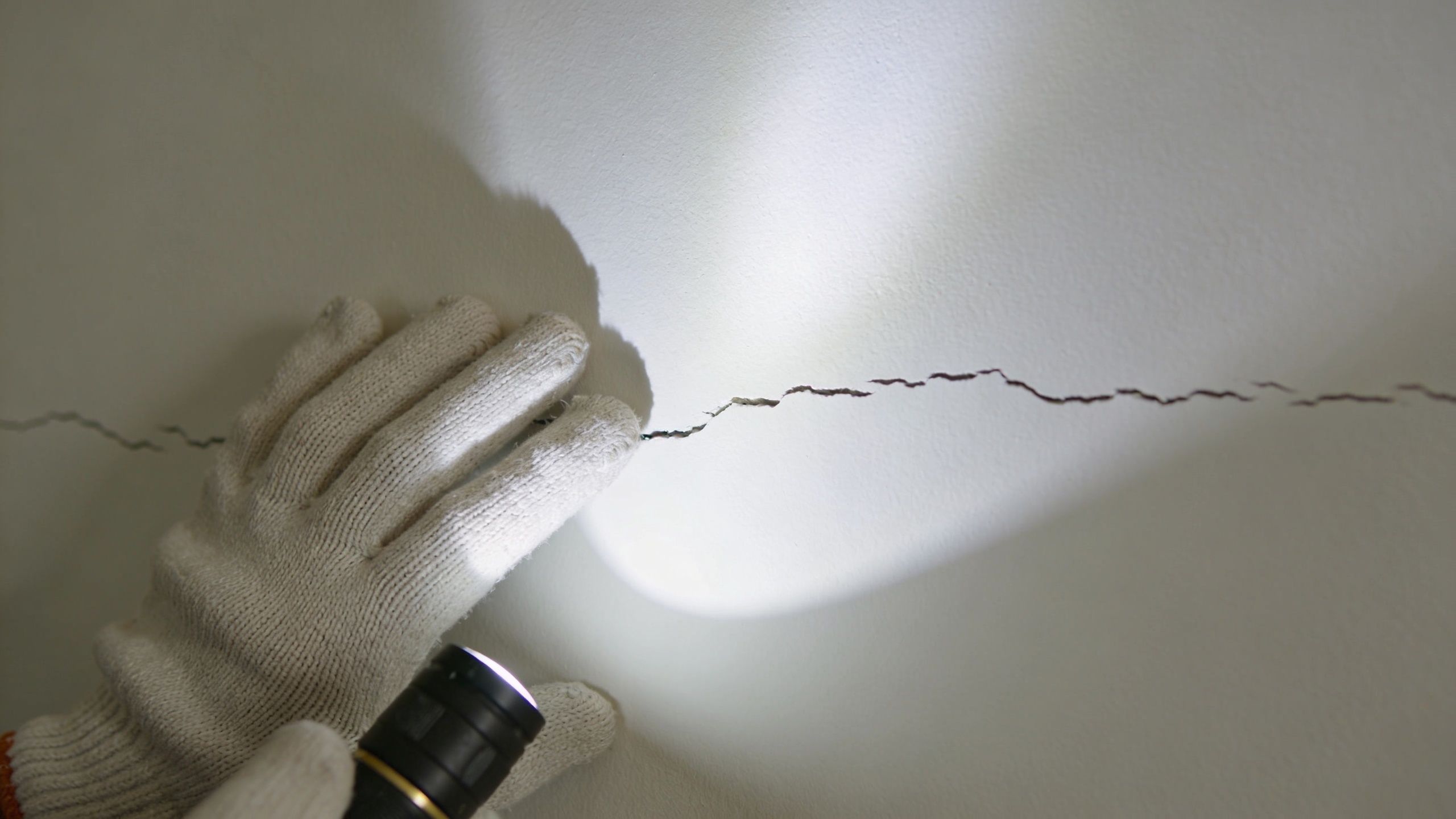 A gloved hand uses a flashlight to inspect a visible horizontal crack on a white wall.