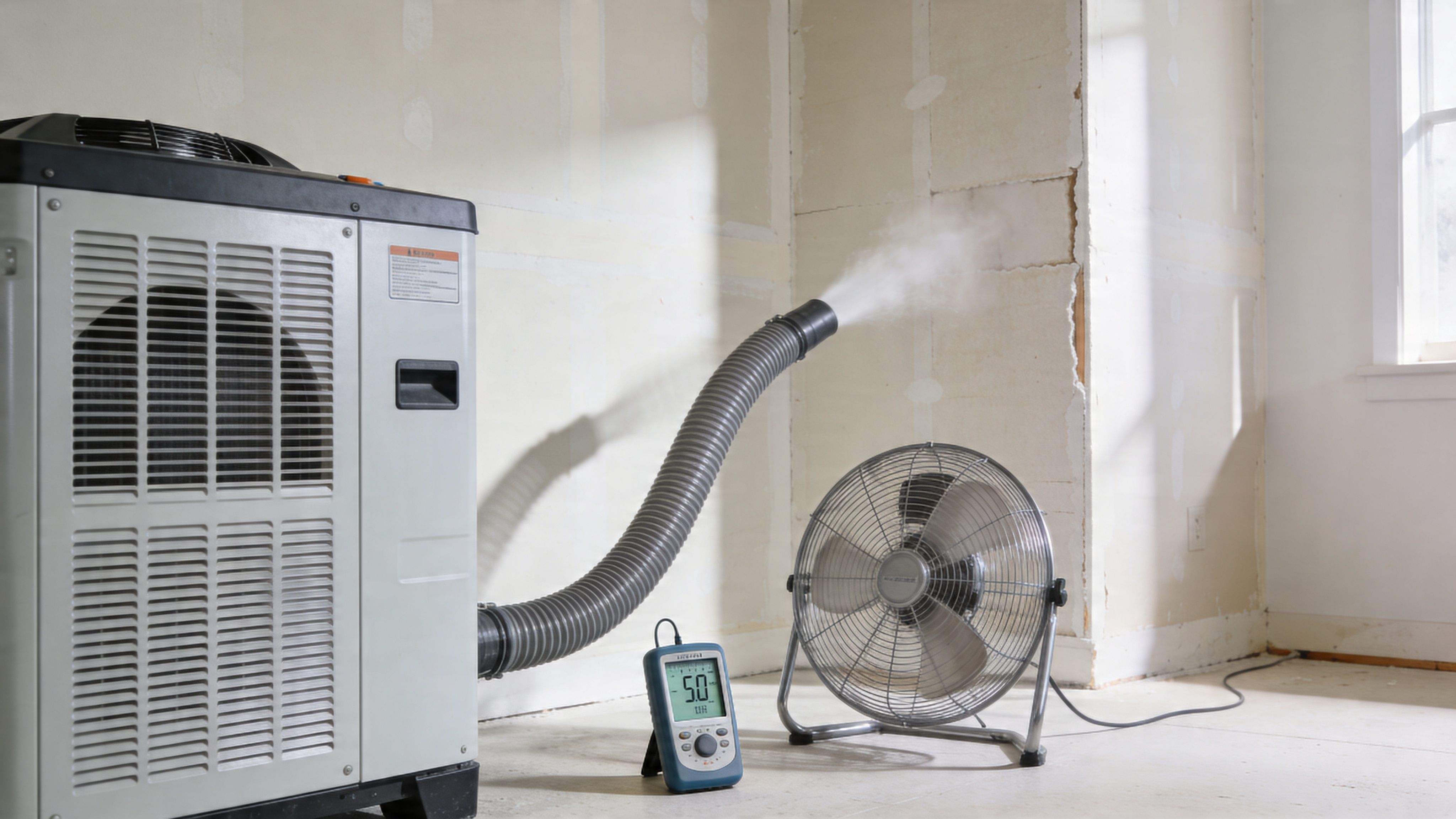 Industrial dehumidifier and fan drying water-damaged drywall in a room under renovation