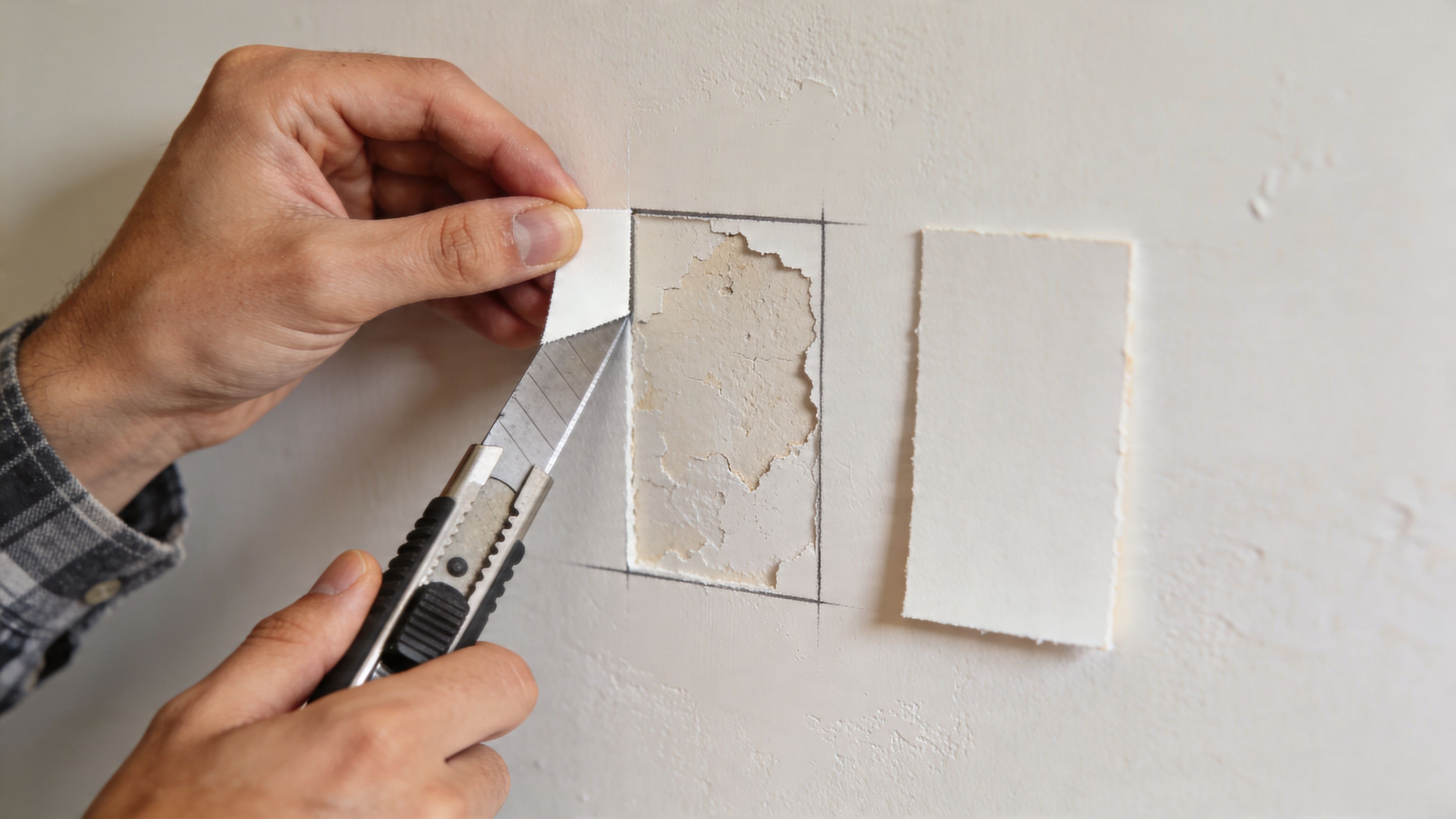 A person uses a utility knife to carefully cut and repair damaged sections on a white wall.