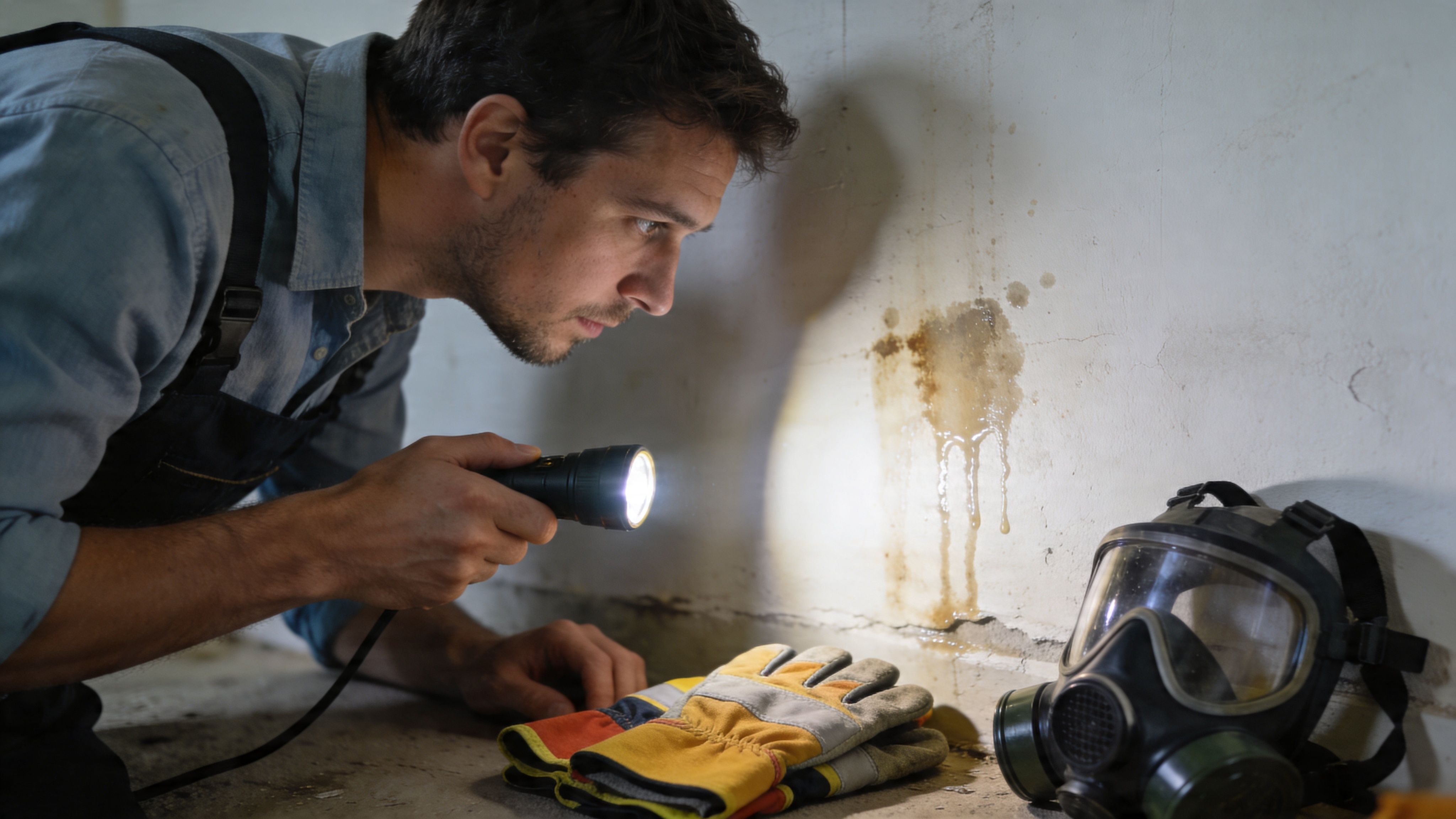 A professional home inspector using a flashlight to examine signs of water damage on a basement wall.