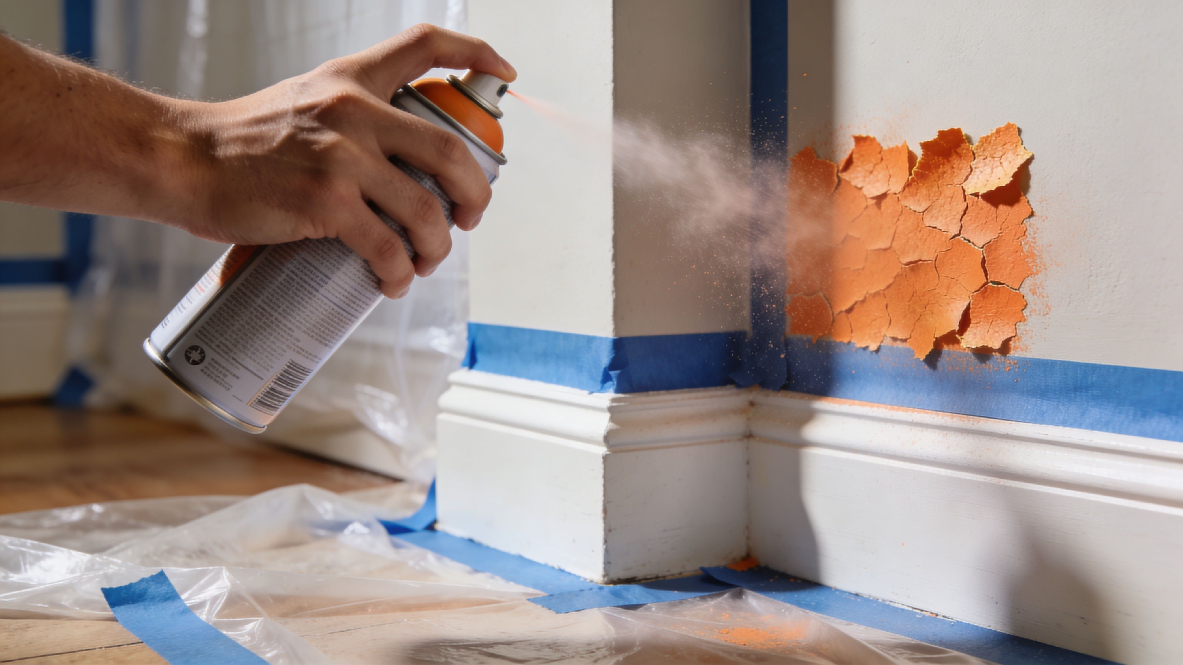 A hand using an aerosol spray can to apply orange peel texture onto a white interior wall.