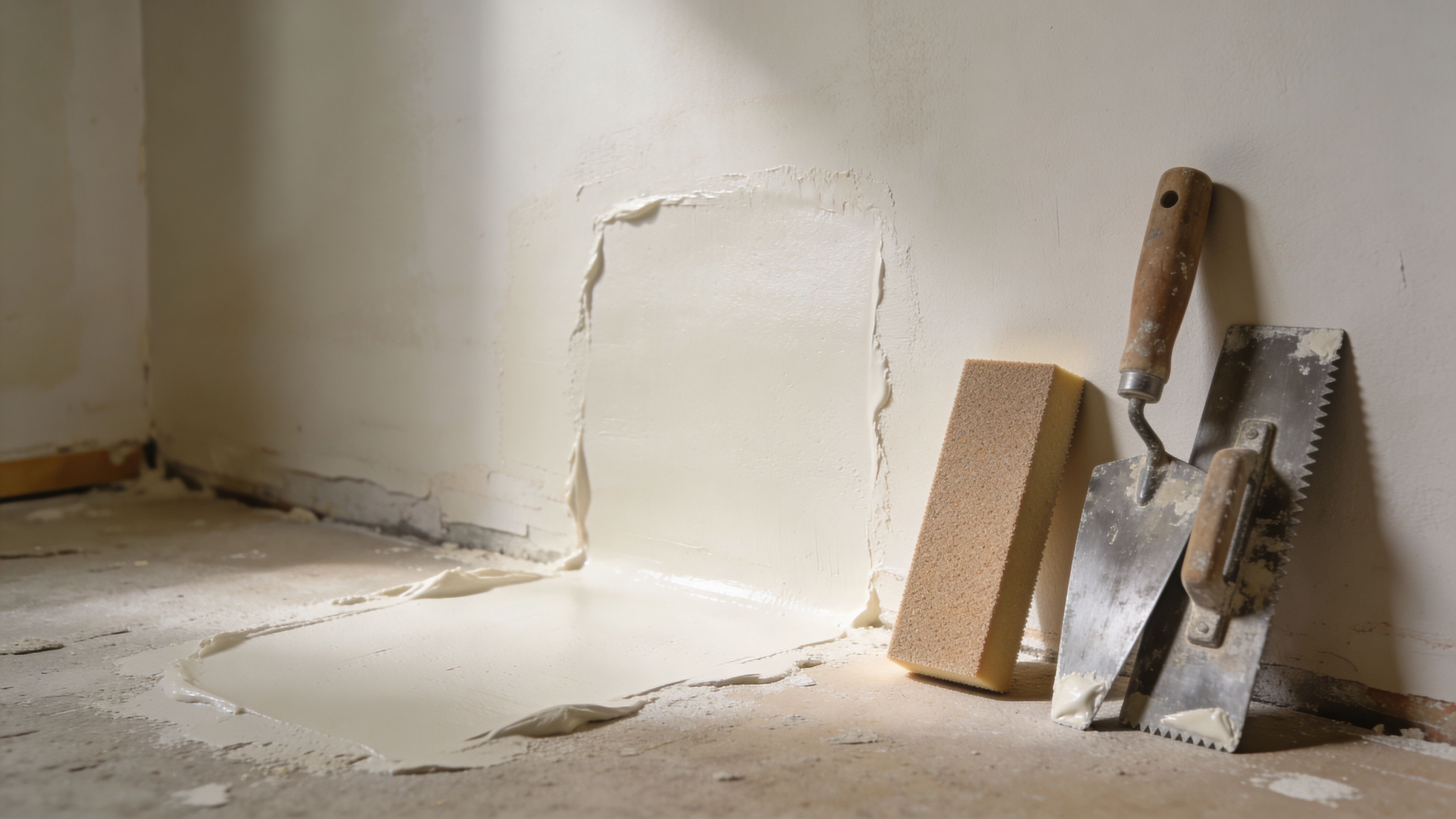 A professional construction scene featuring a wall patch, a sanding block, and metal tiling trowels on the floor.