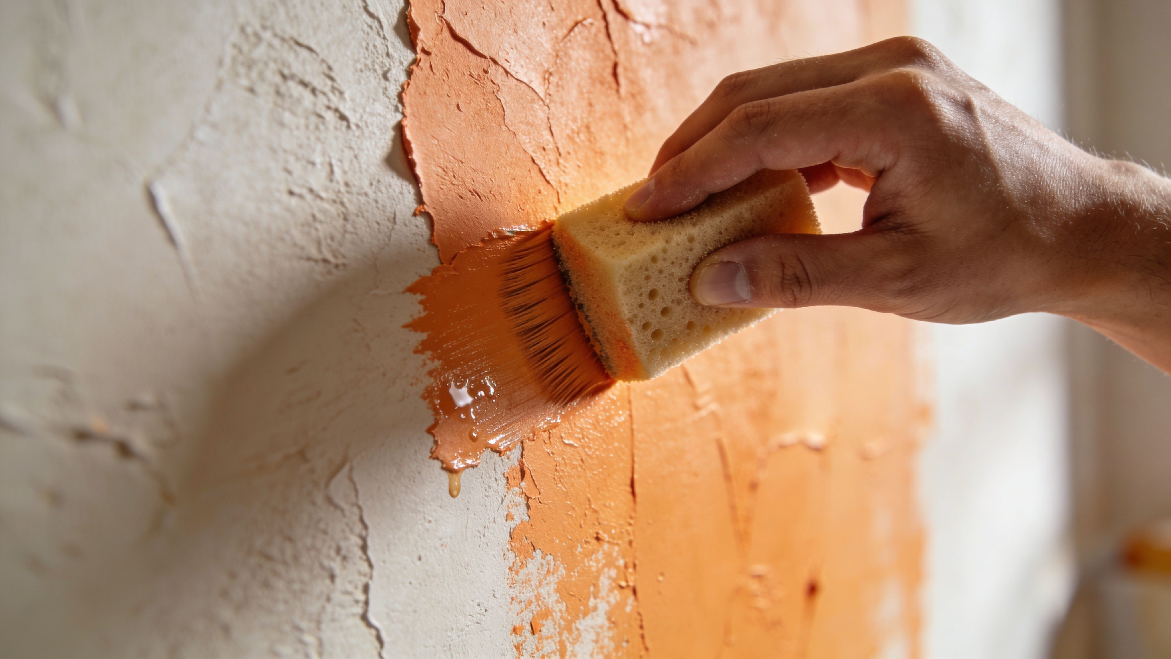 A close-up view of a hand using a sponge to apply orange paint on a textured wall.