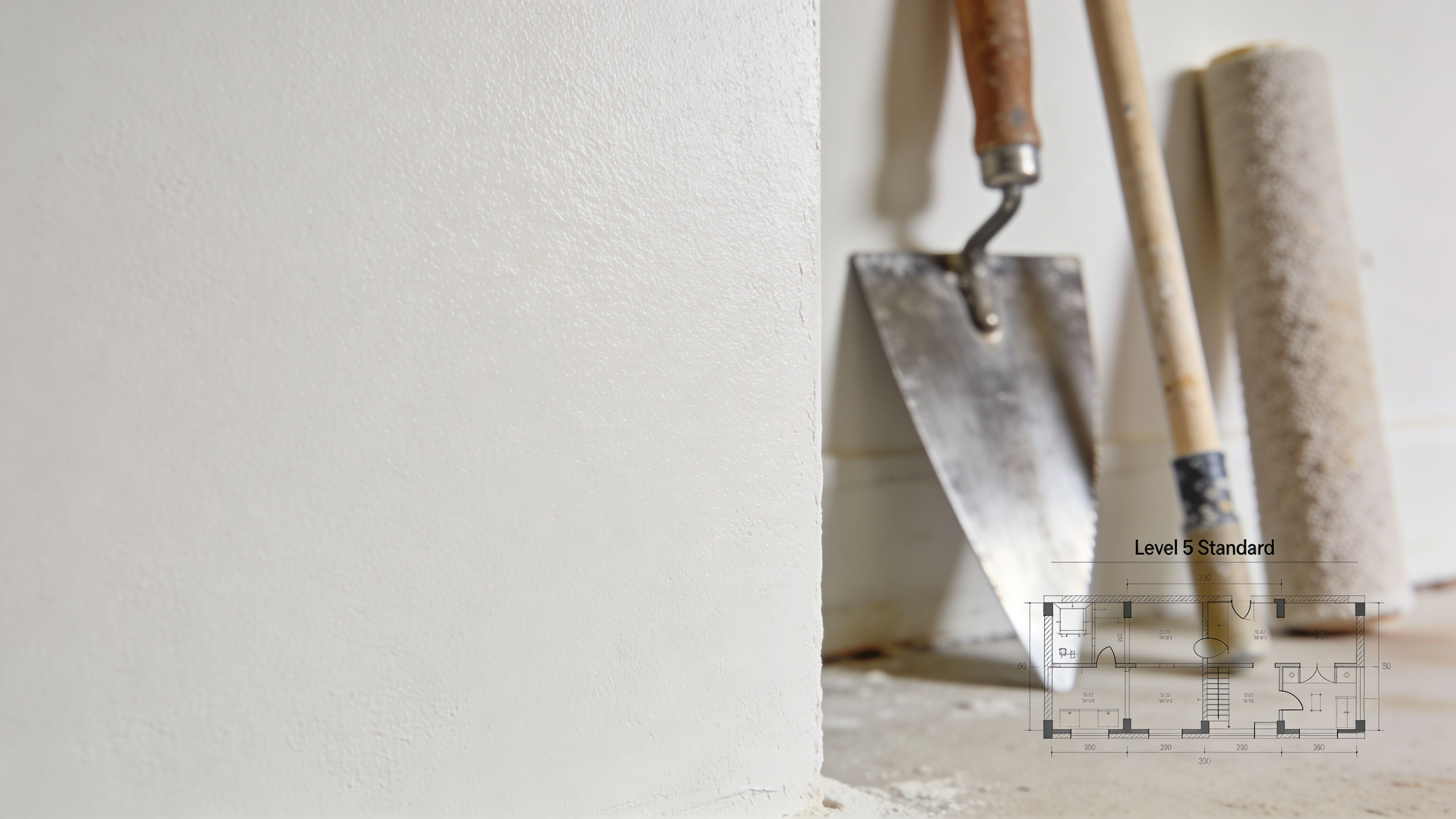 A smooth painted white wall corner next to painting tools and a building floor plan blueprint.