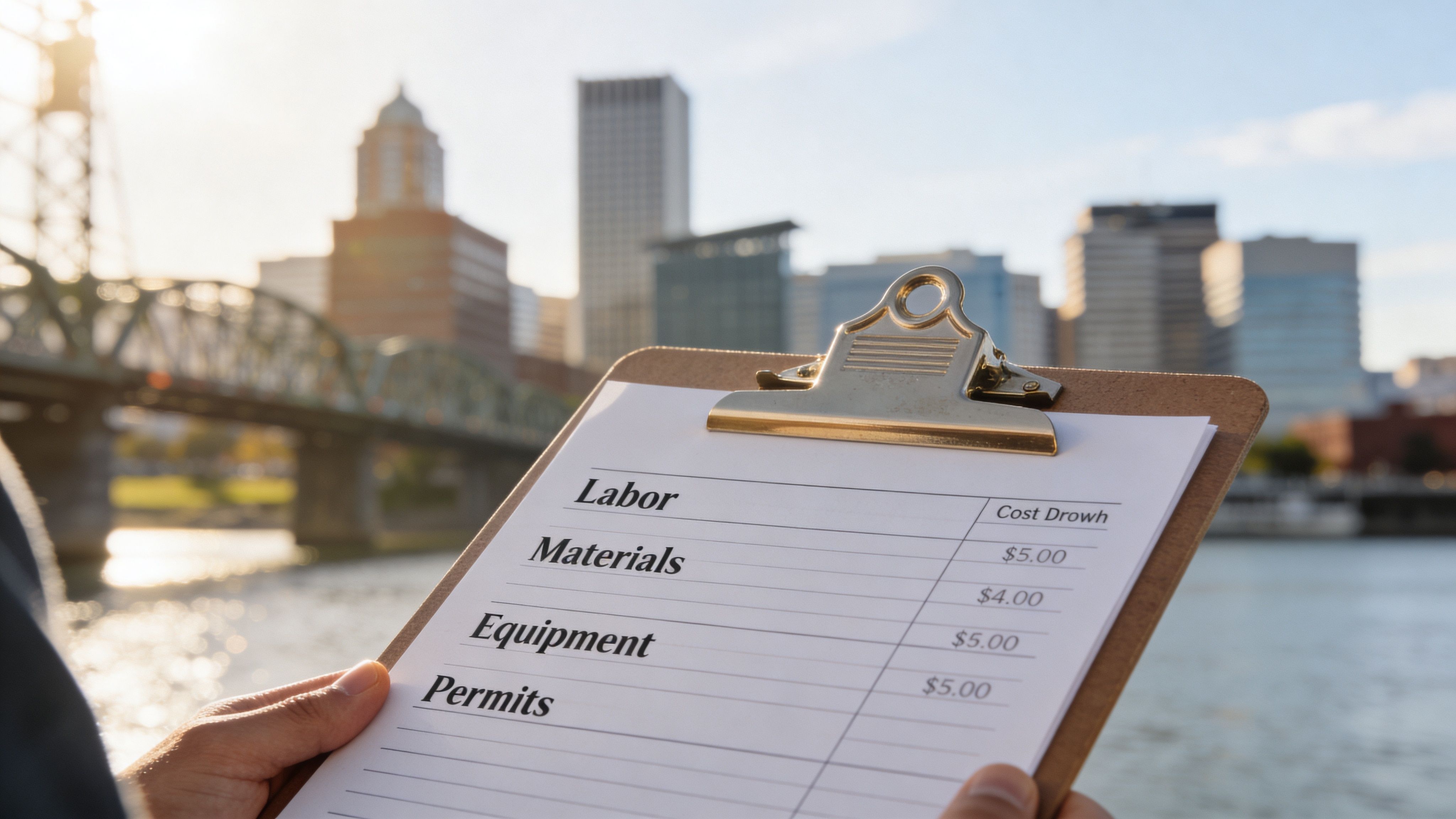 A person holds a clipboard with a handwritten budget list featuring labor, materials, equipment, and permit costs.