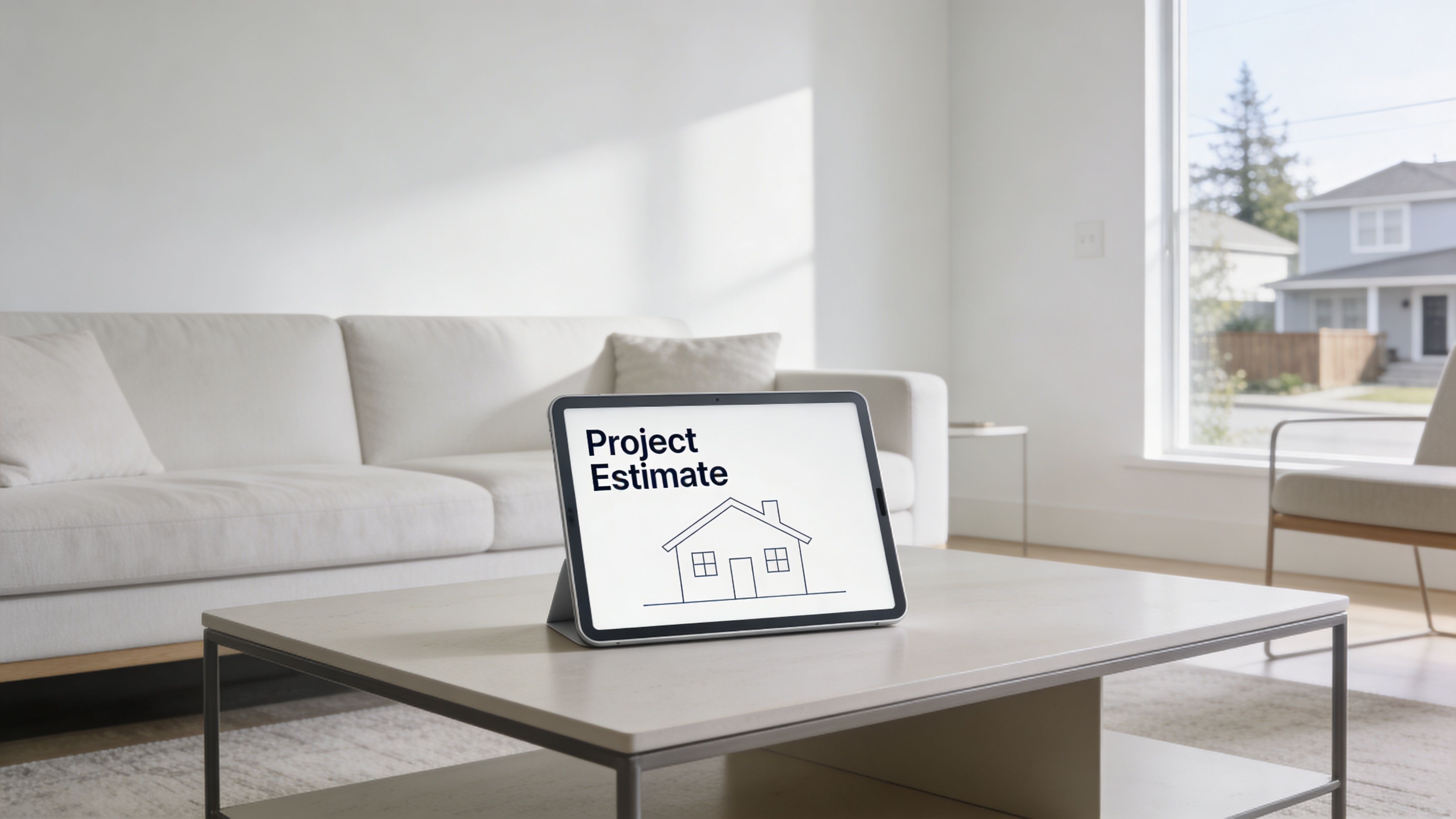 A tablet on a coffee table displays the text Project Estimate with an icon of a house.