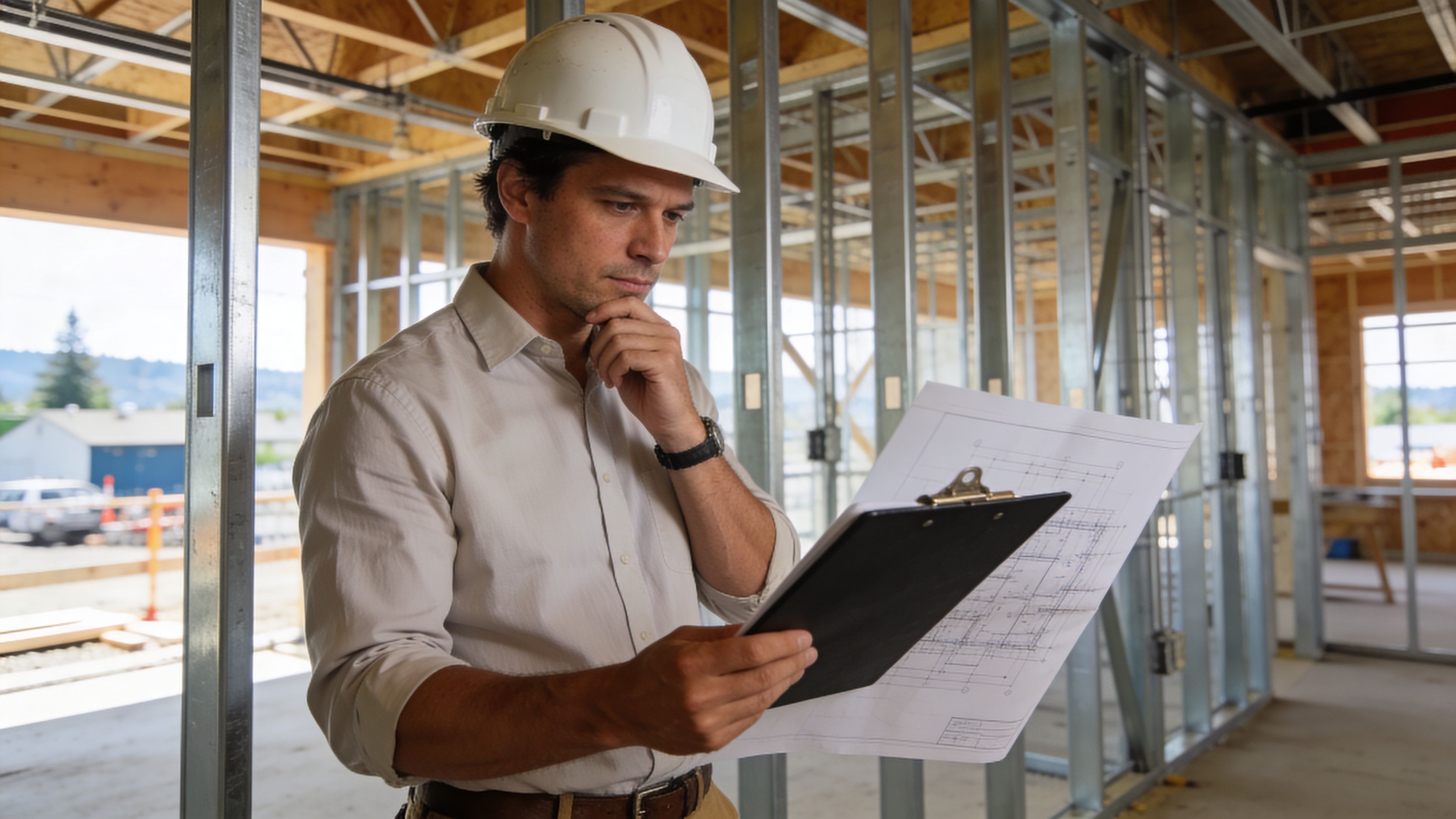 A construction manager wearing a hard hat examines building plans on a clipboard at a construction site.