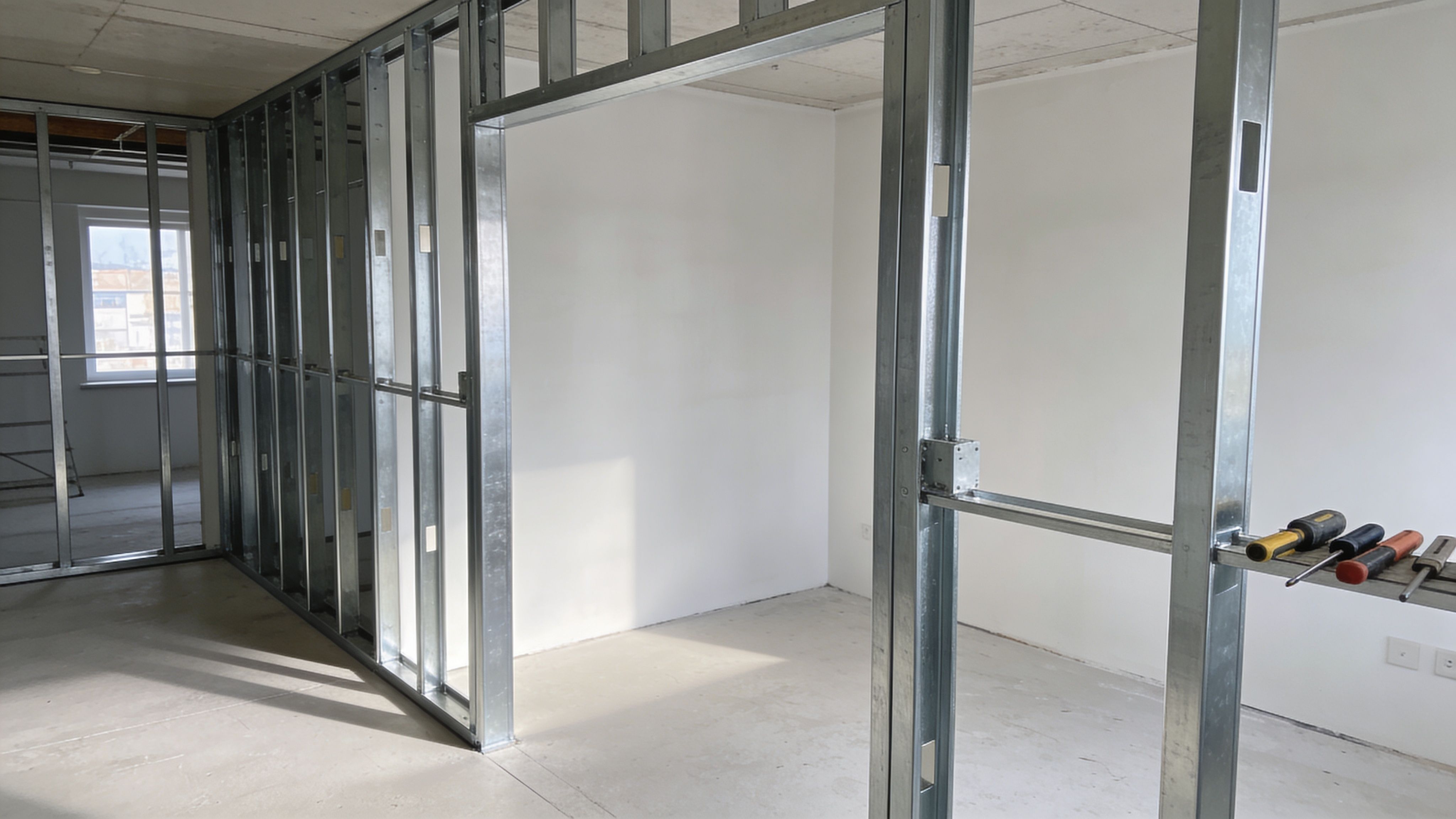 A room under construction featuring metal stud framing for walls and an open doorway frame.