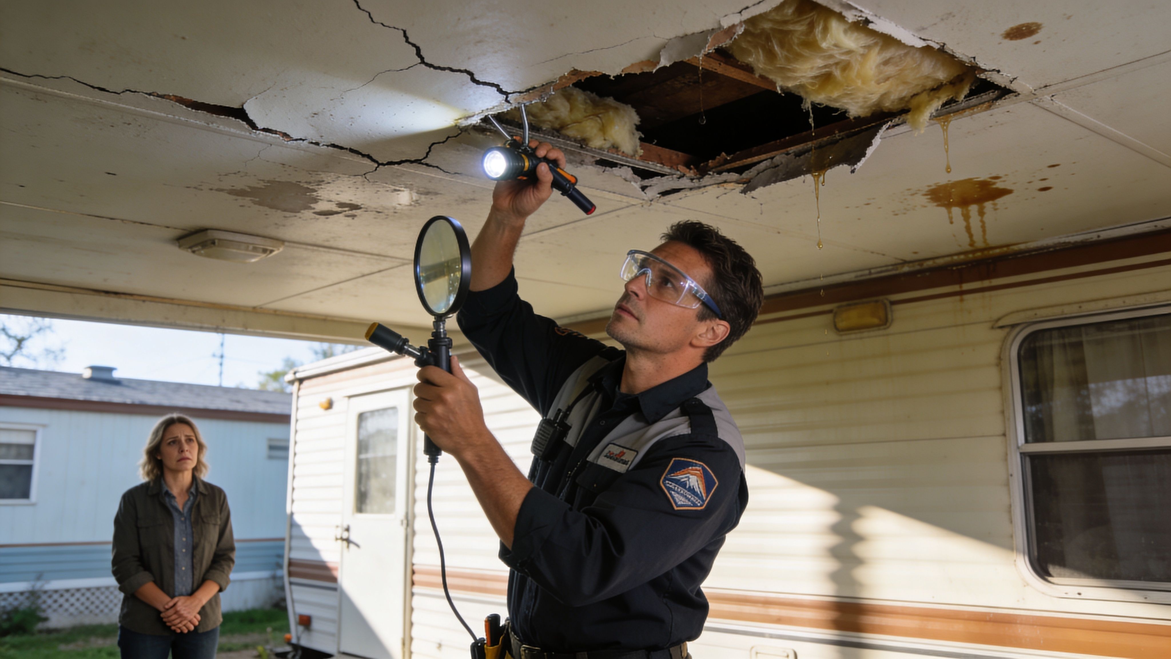 A professional inspector examines a damaged mobile home ceiling while a concerned woman watches in the background.