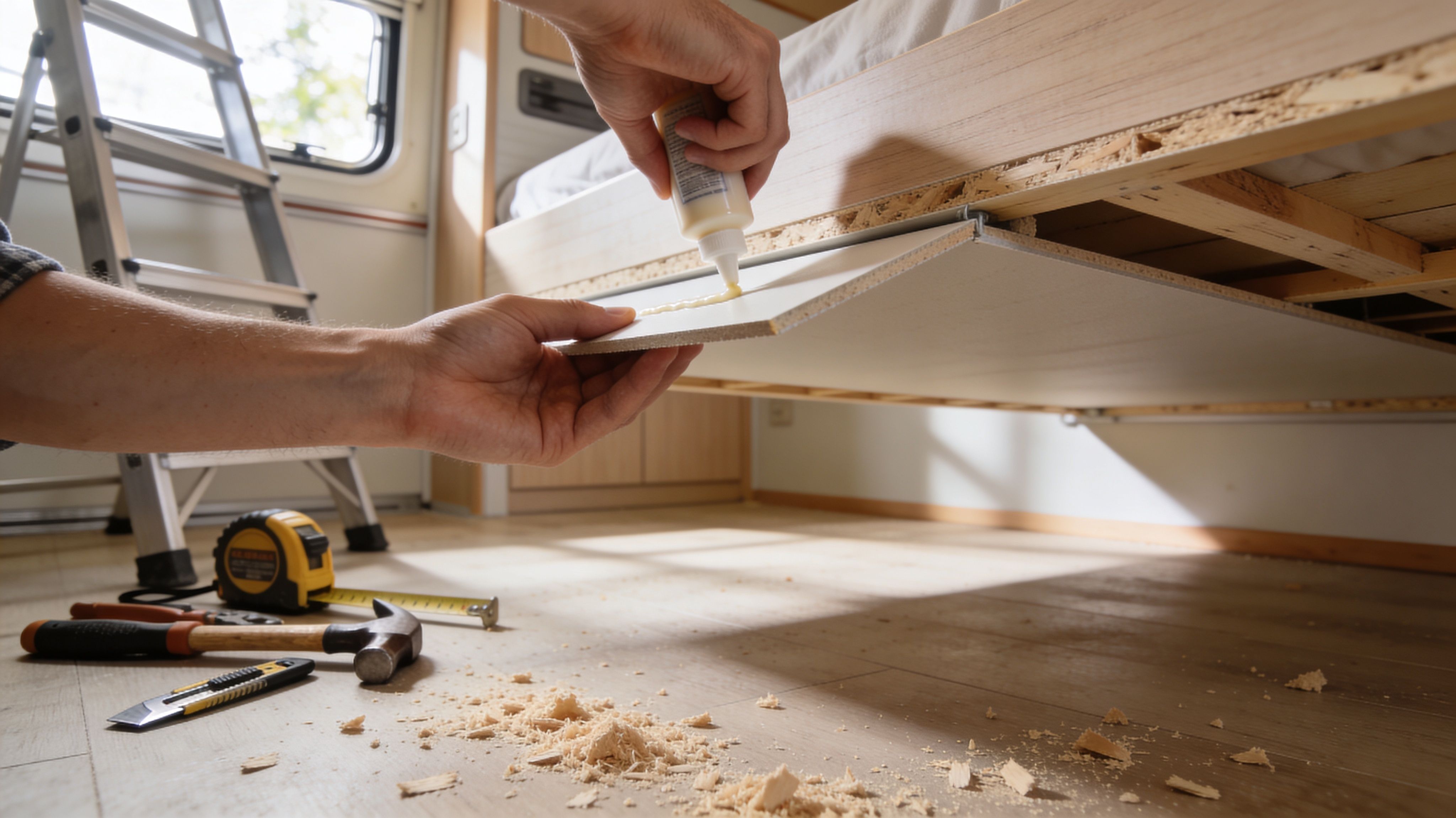A person applying wood glue to a ceiling panel while repairing the interior of a mobile home.
