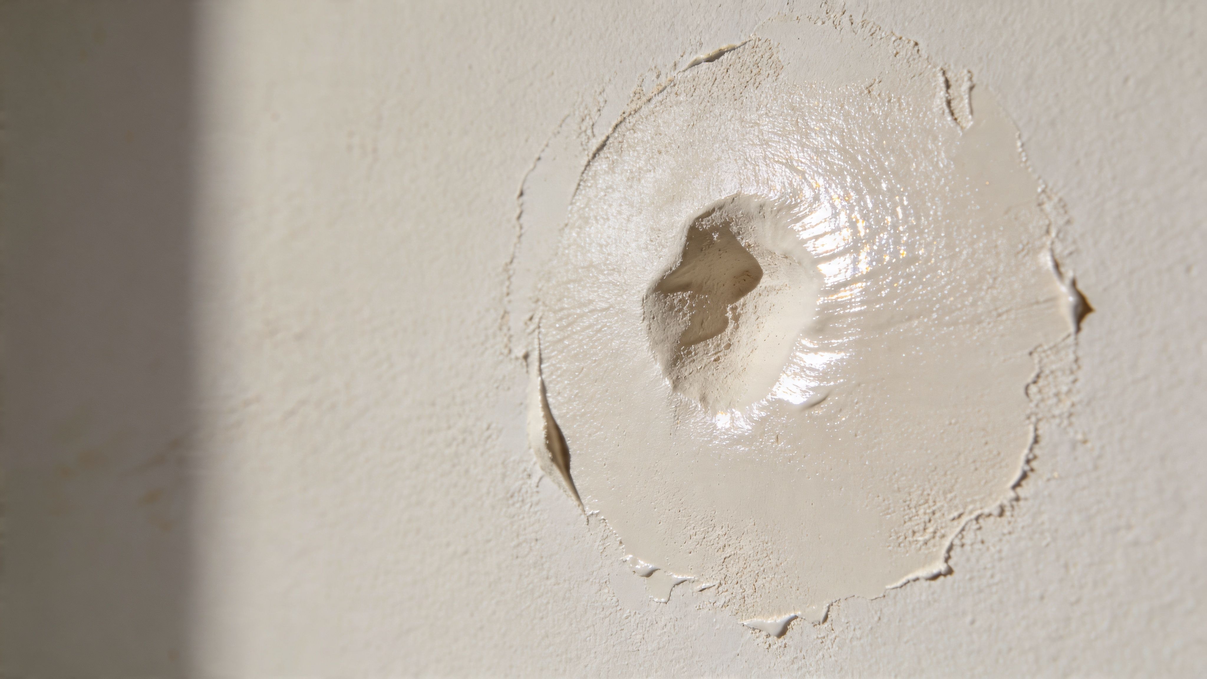 A close up view of a hole in a wall filled and smoothed with white drywall spackle