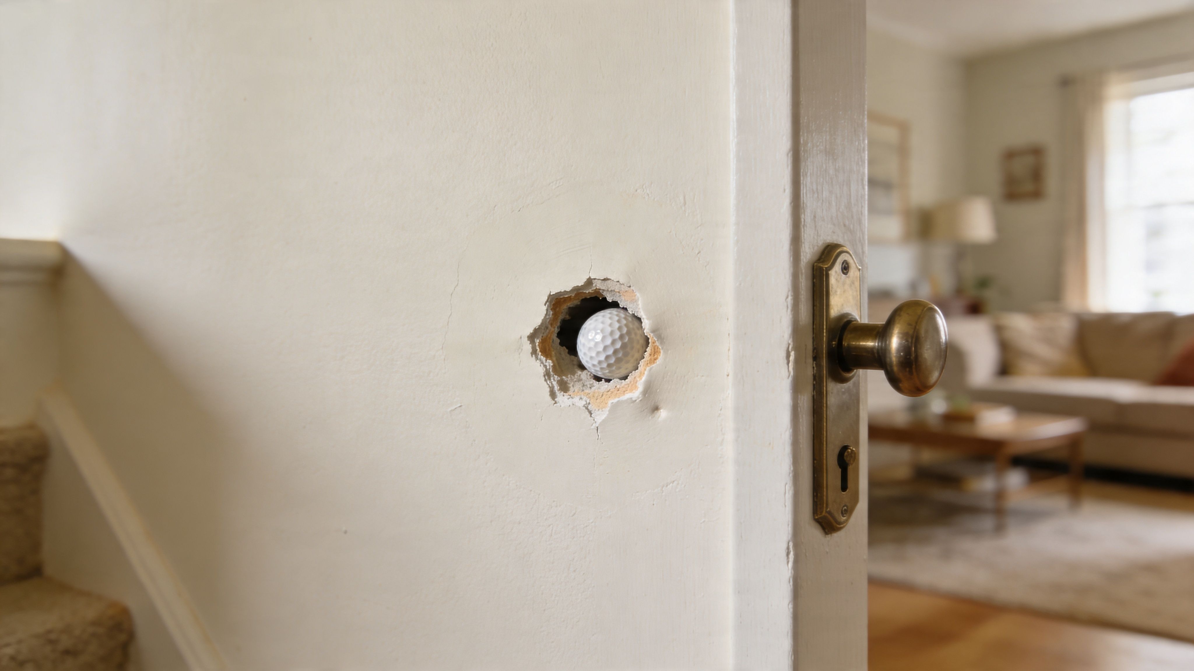 A golf ball embedded in a damaged, circular hole in a white interior wall near a doorway.