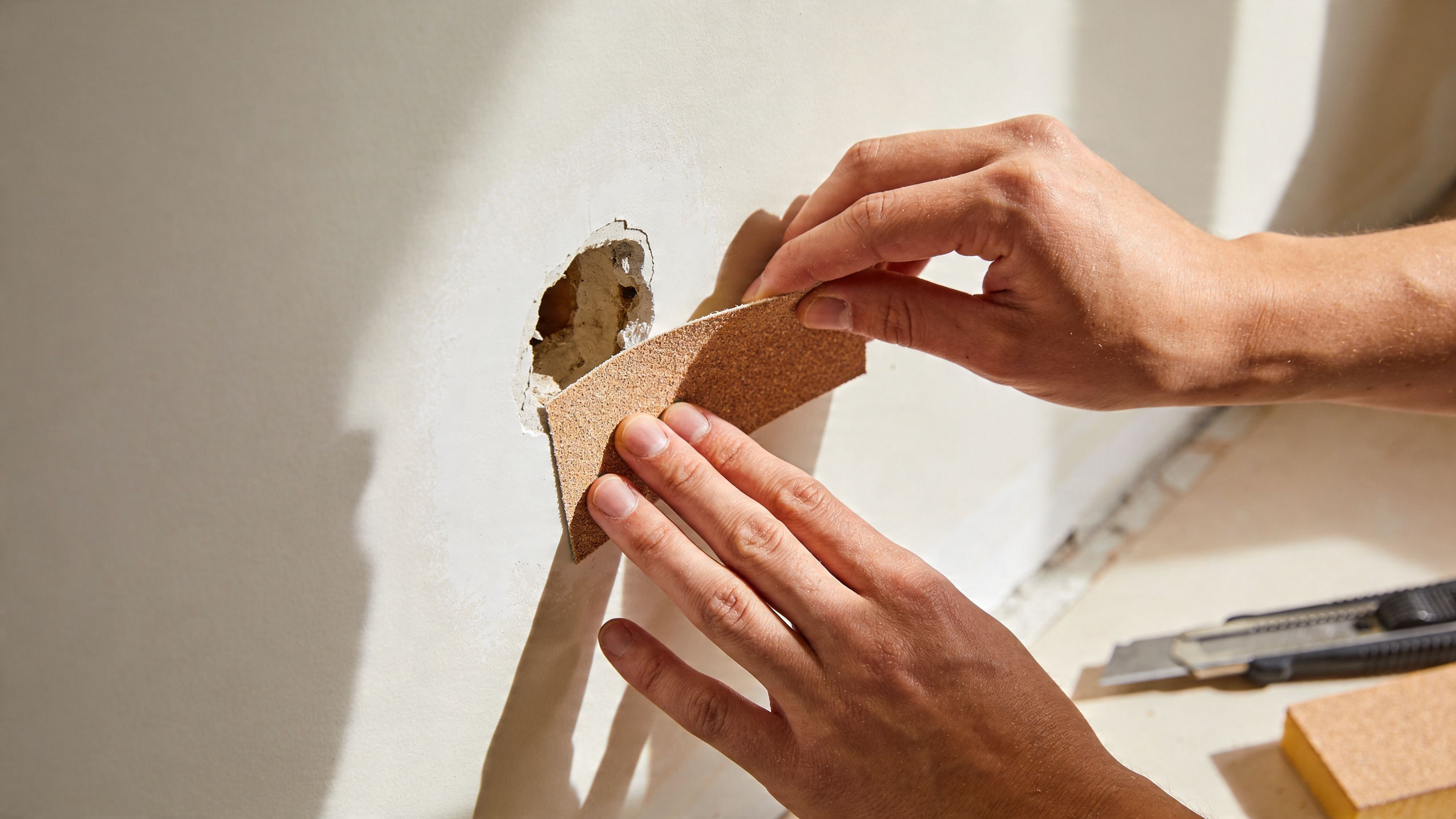 A person using a piece of sandpaper to smooth the edges around a hole in a drywall wall.