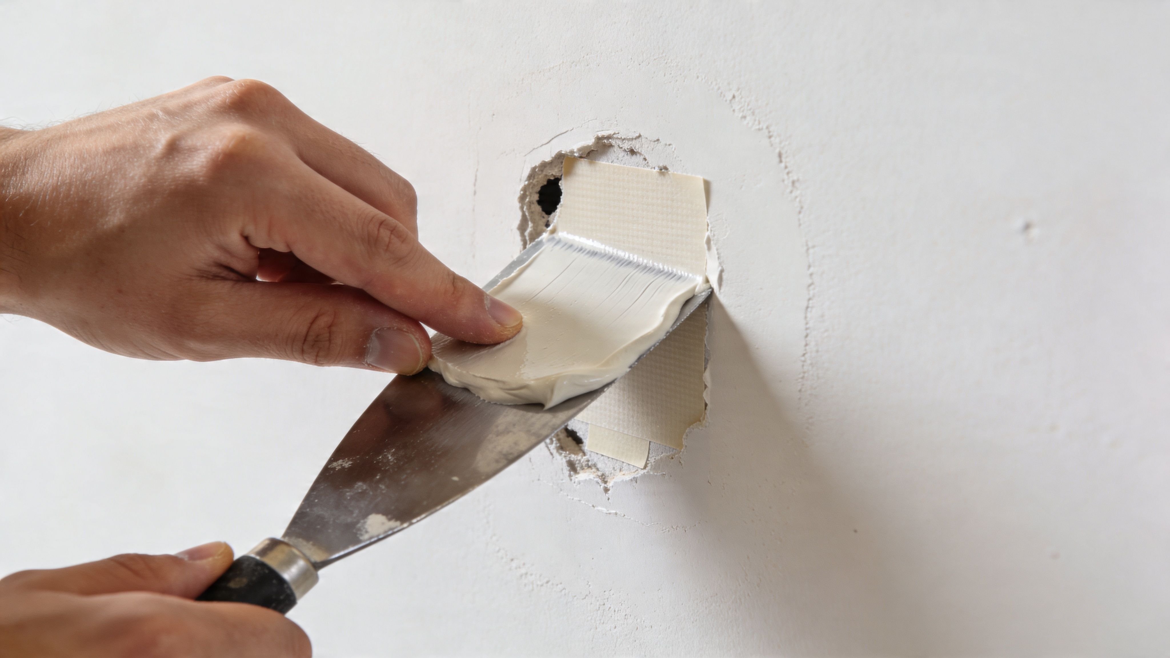 A close up view of a person applying joint compound over a wall patch using a metal spatula.