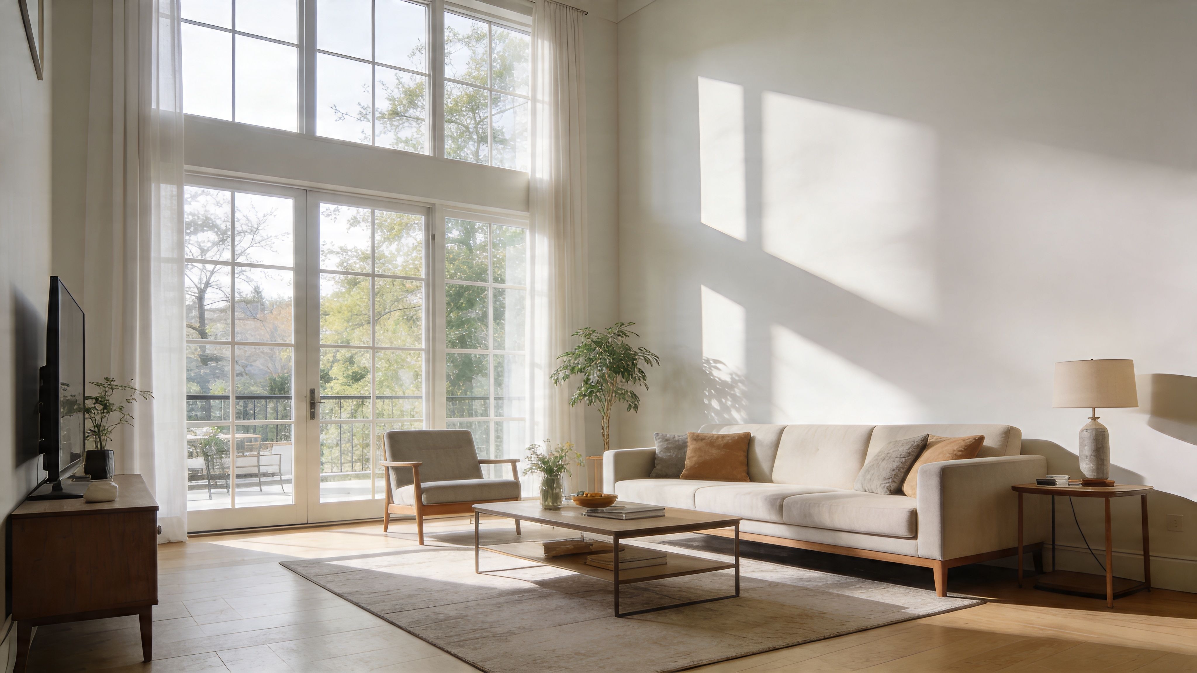 A sunlit, modern minimalist living room featuring a comfortable cream sofa, wooden accents, and tall window panels.