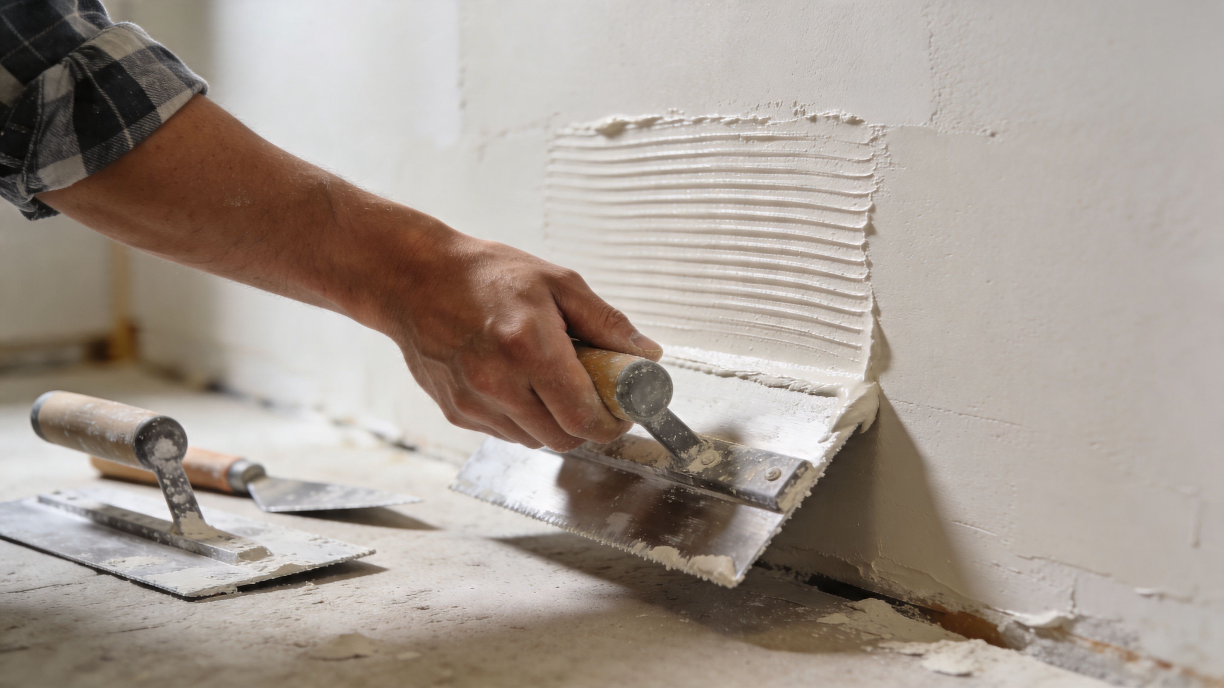 A construction worker applying plaster compound to a white wall using a notched metal trowel tool.