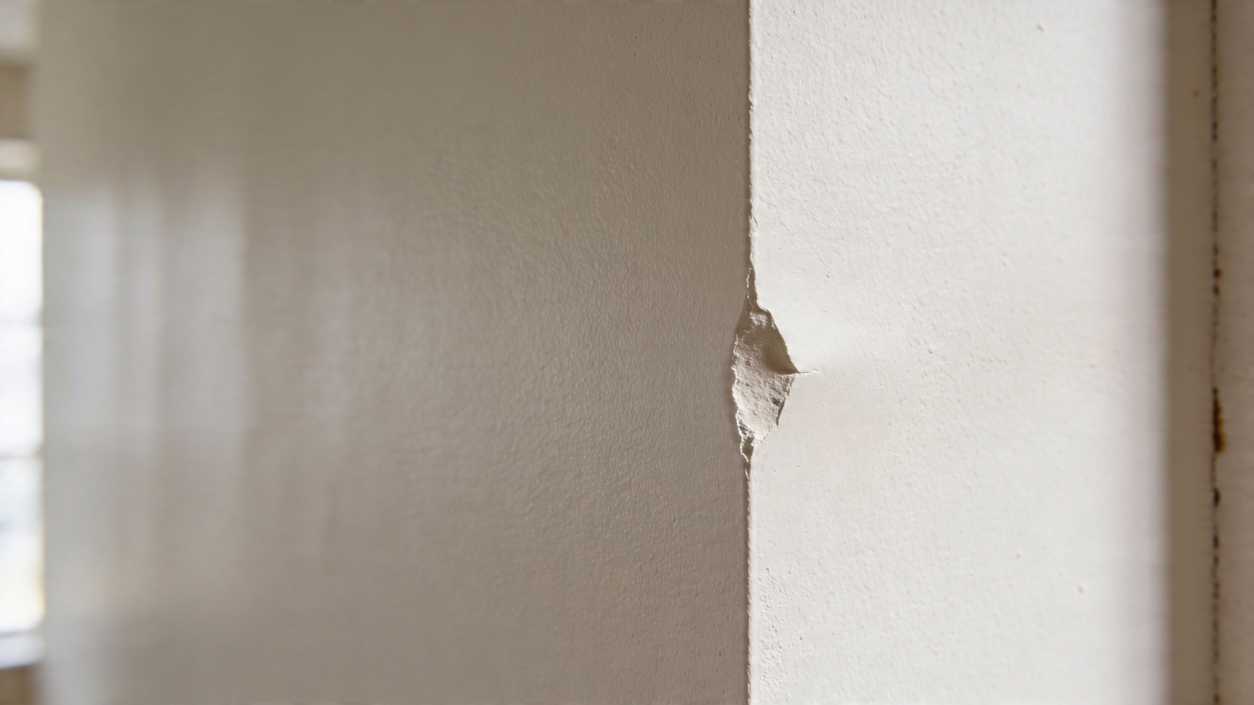A close-up view of a damaged corner on a light-colored interior wall showing chipped plaster and drywall.