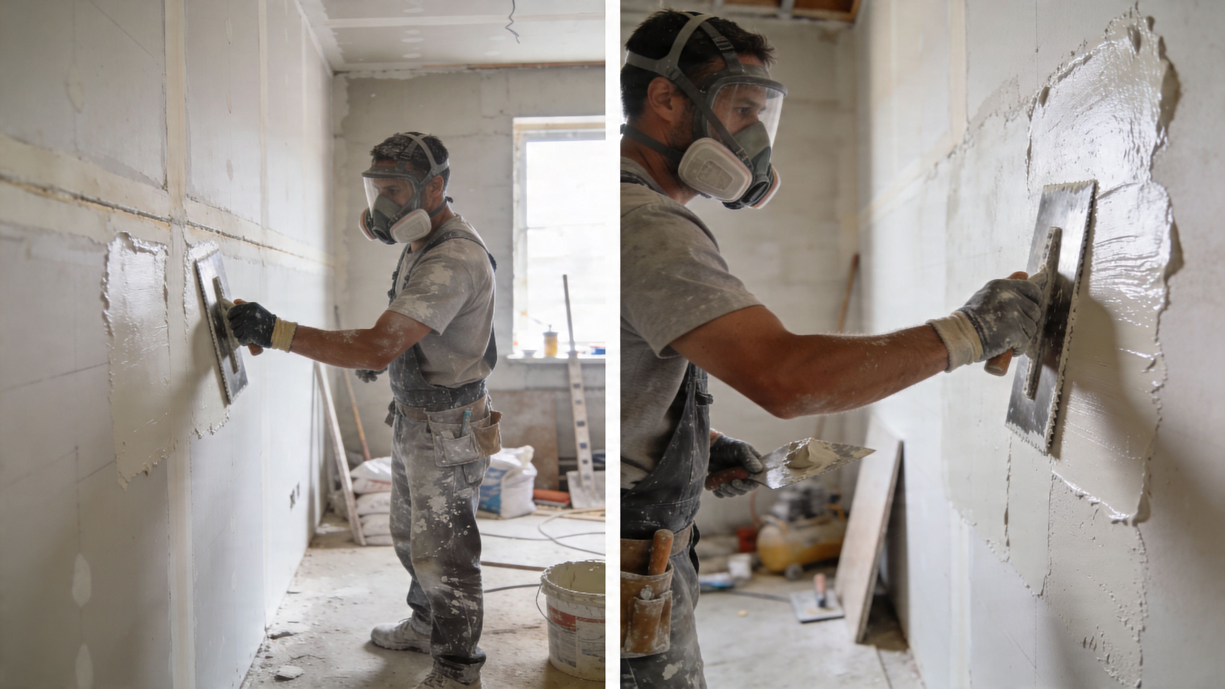 A professional construction worker wearing a respirator mask applying plaster to a wall with a trowel.
