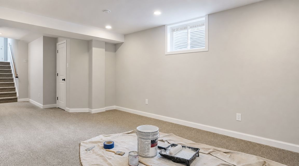 A freshly painted beige basement room with a window, a carpeted floor, and painting supplies spread out.
