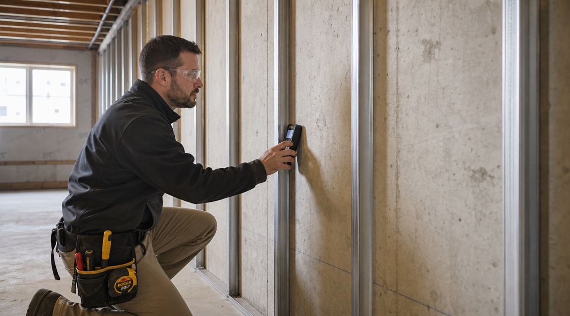 A professional construction worker uses a digital tool to inspect metal wall studs in a basement.