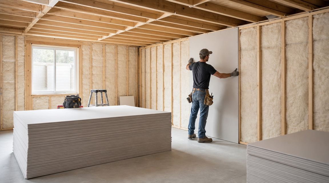 A construction worker installing a large panel of drywall onto the insulated wooden frame of a basement wall.