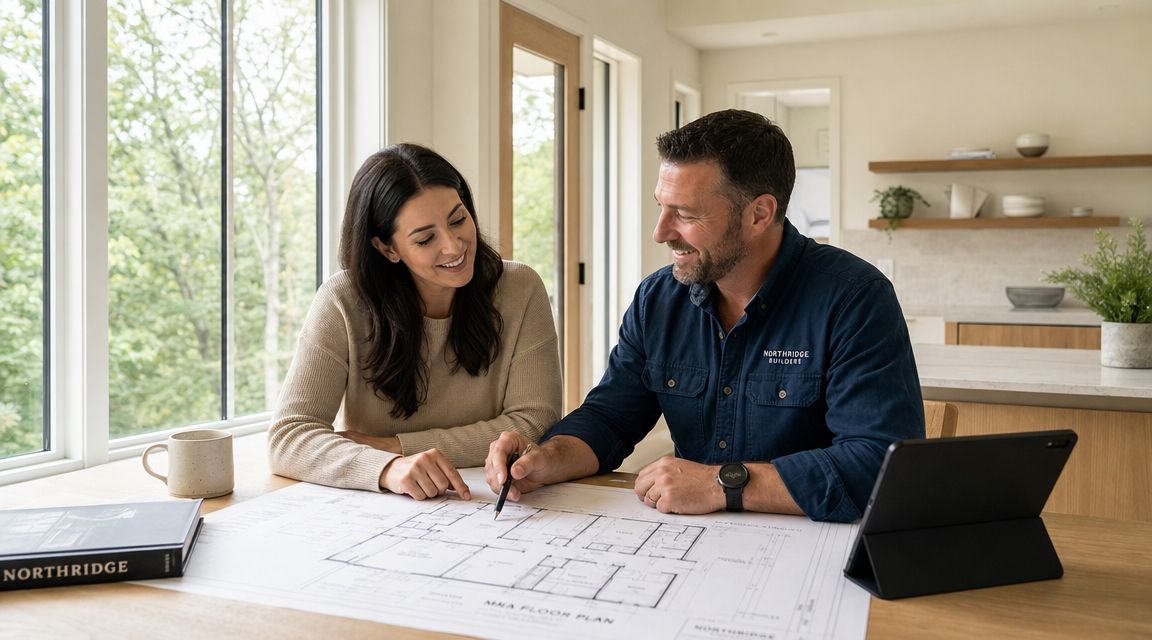 A contractor and a woman collaborating while reviewing floor plan blueprints on a wooden table.