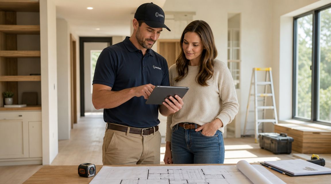 A professional contractor and a homeowner reviewing house renovation plans on a digital tablet together.