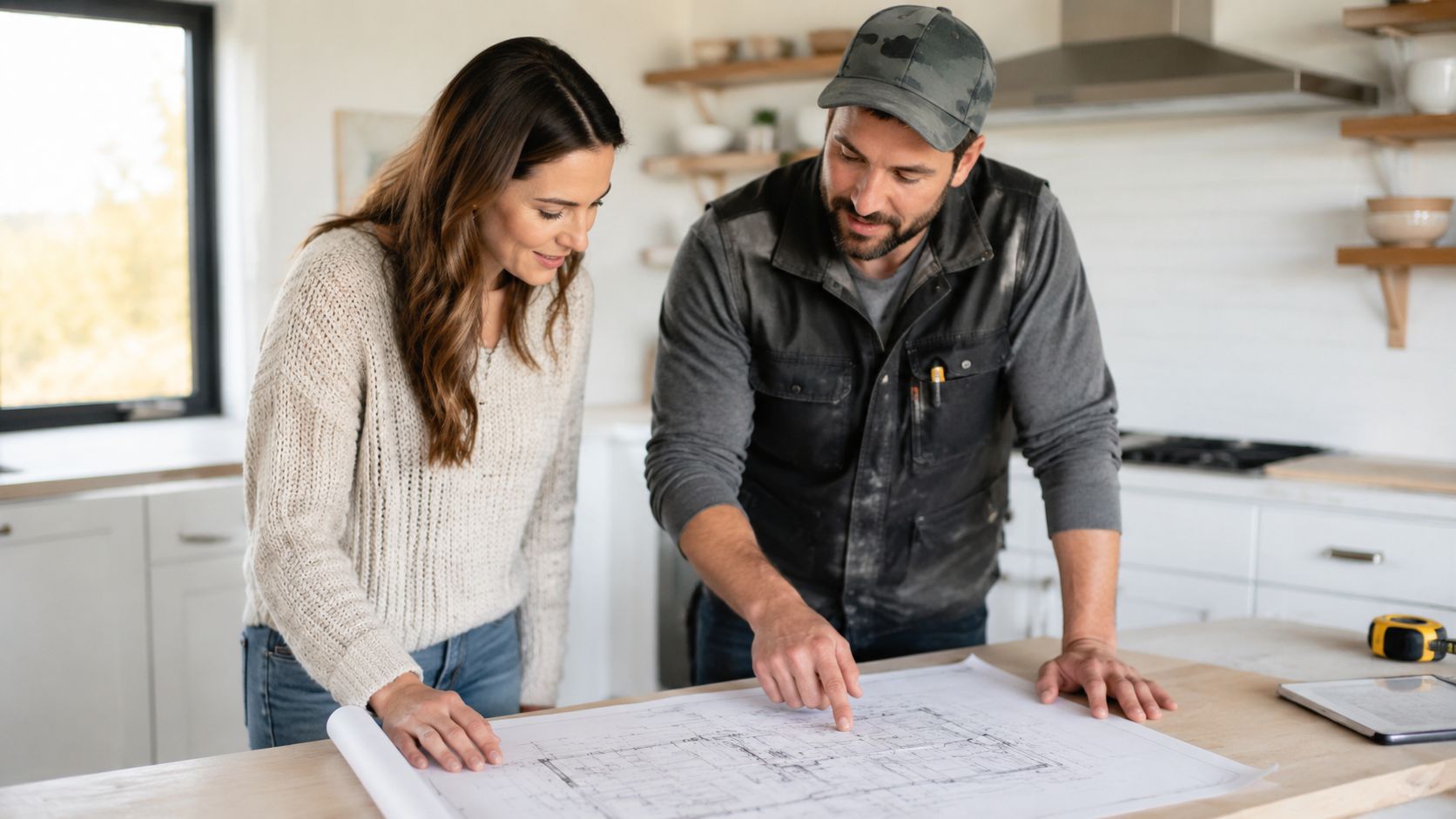 A professional contractor discusses home renovation plans and blueprints with a female homeowner in a bright kitchen.