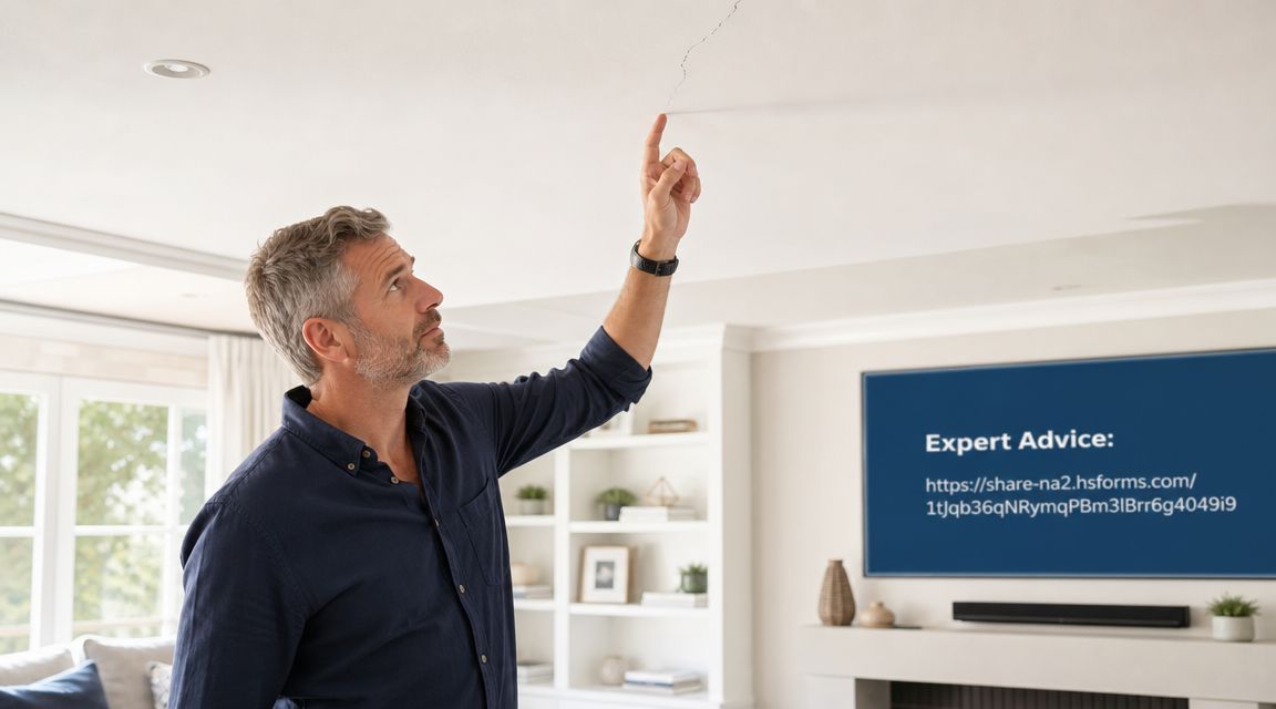 A middle-aged man pointing at a crack in his home ceiling while looking concerned about repair needs.