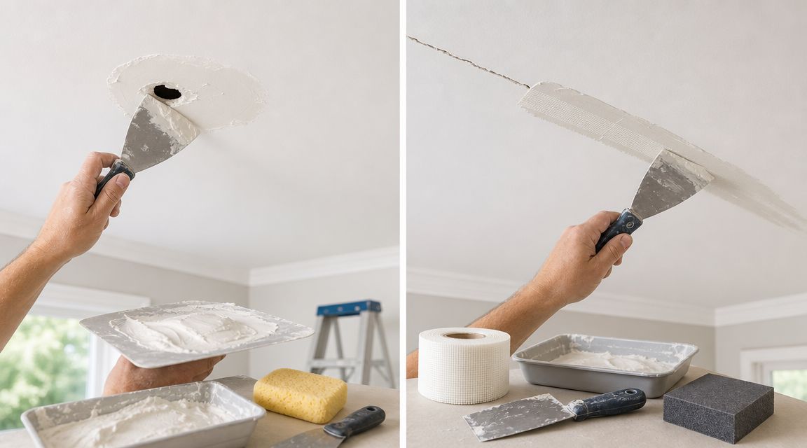 A person uses a putty knife to apply joint compound to fix holes and cracks in a drywall ceiling.