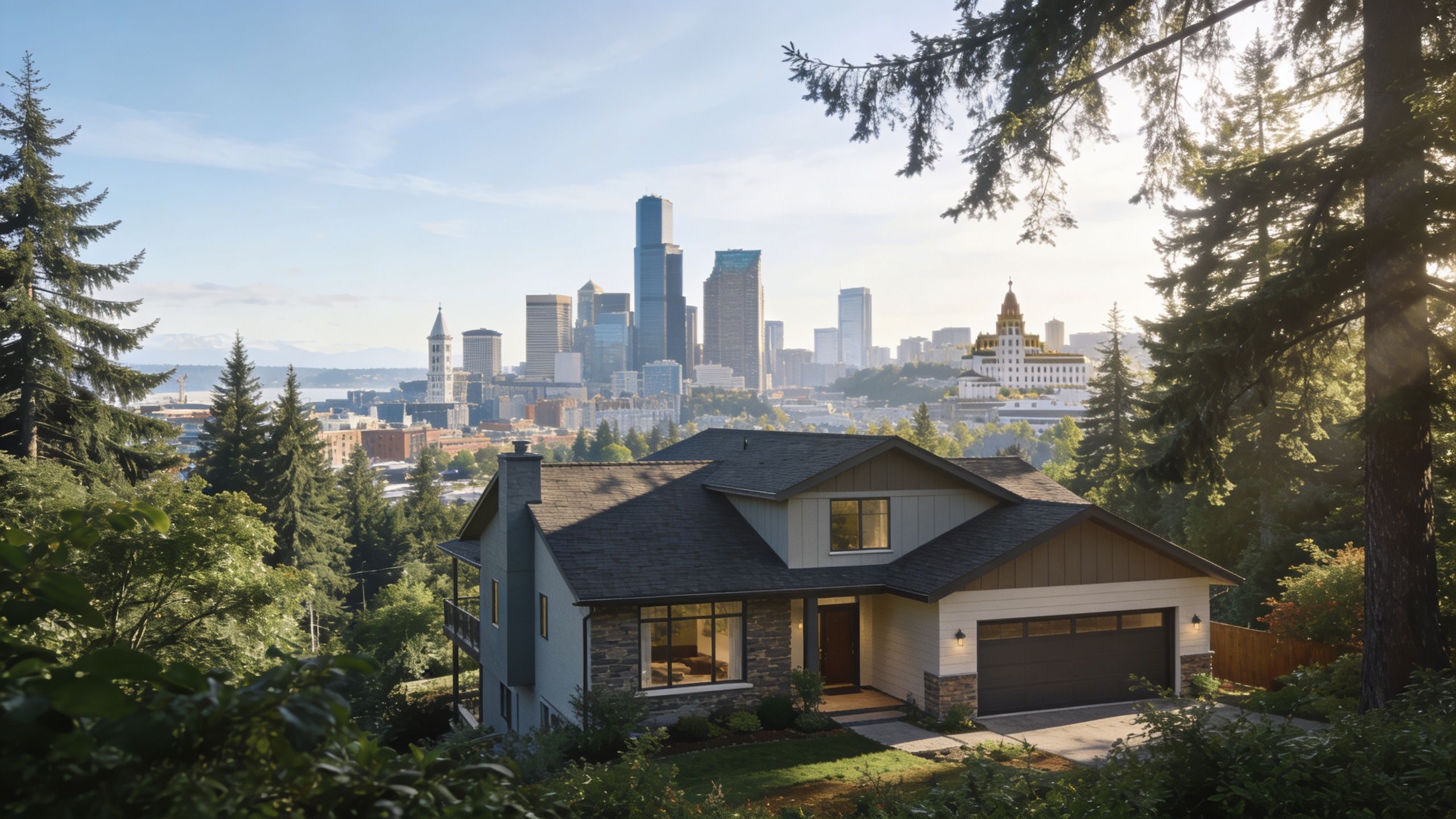 A beautiful modern family home nestled in a lush green forest overlooking the Seattle city skyline.