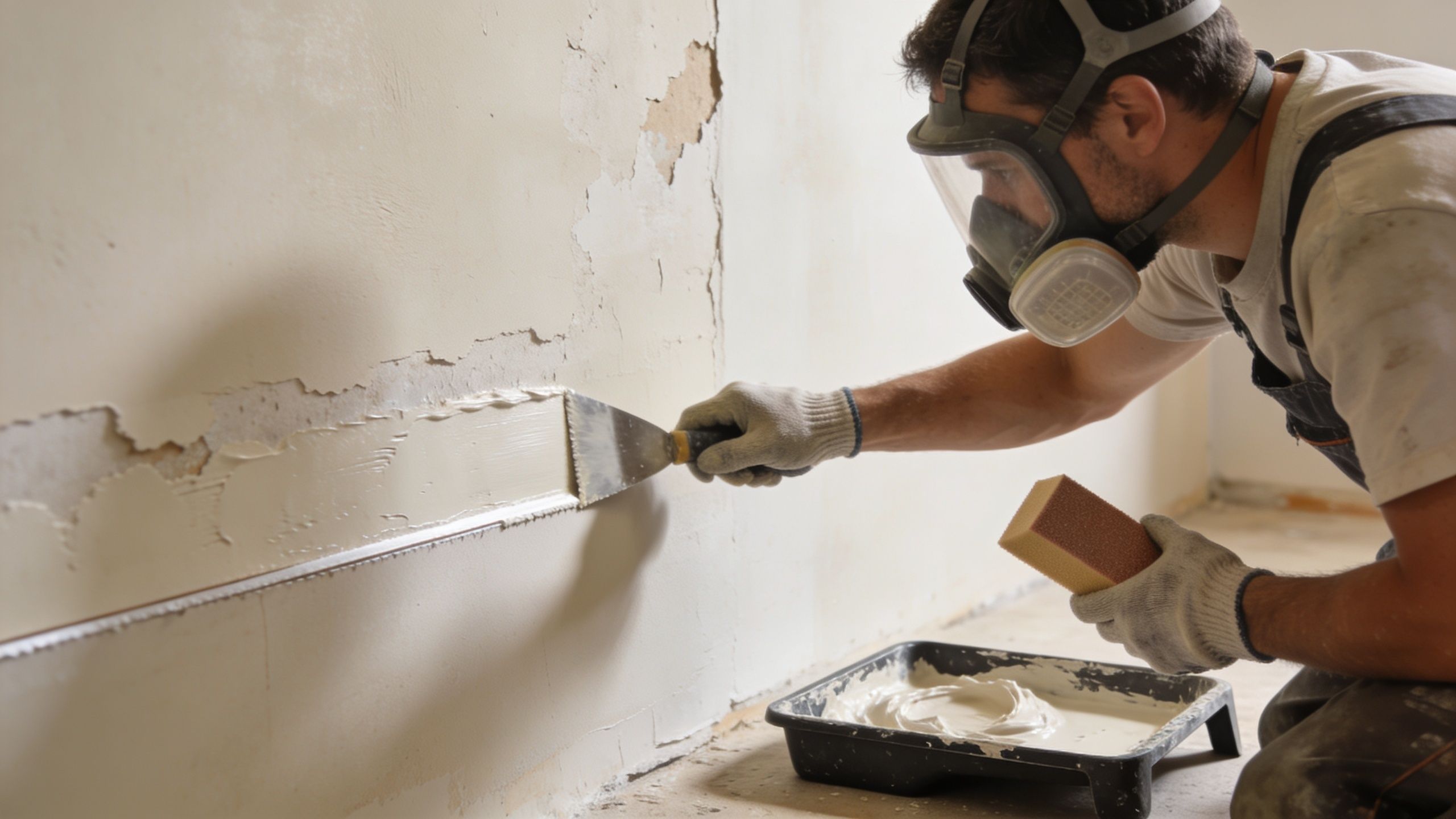 A professional construction worker wearing a respirator mask repairing a damaged interior wall using a putty knife.