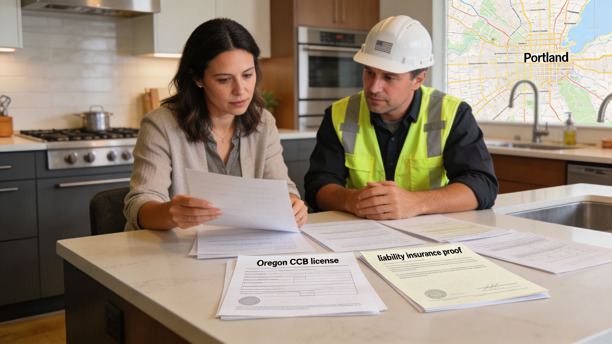 A woman reviewing documents with a drywall contractor in a kitchen, featuring Oregon license and insurance papers.