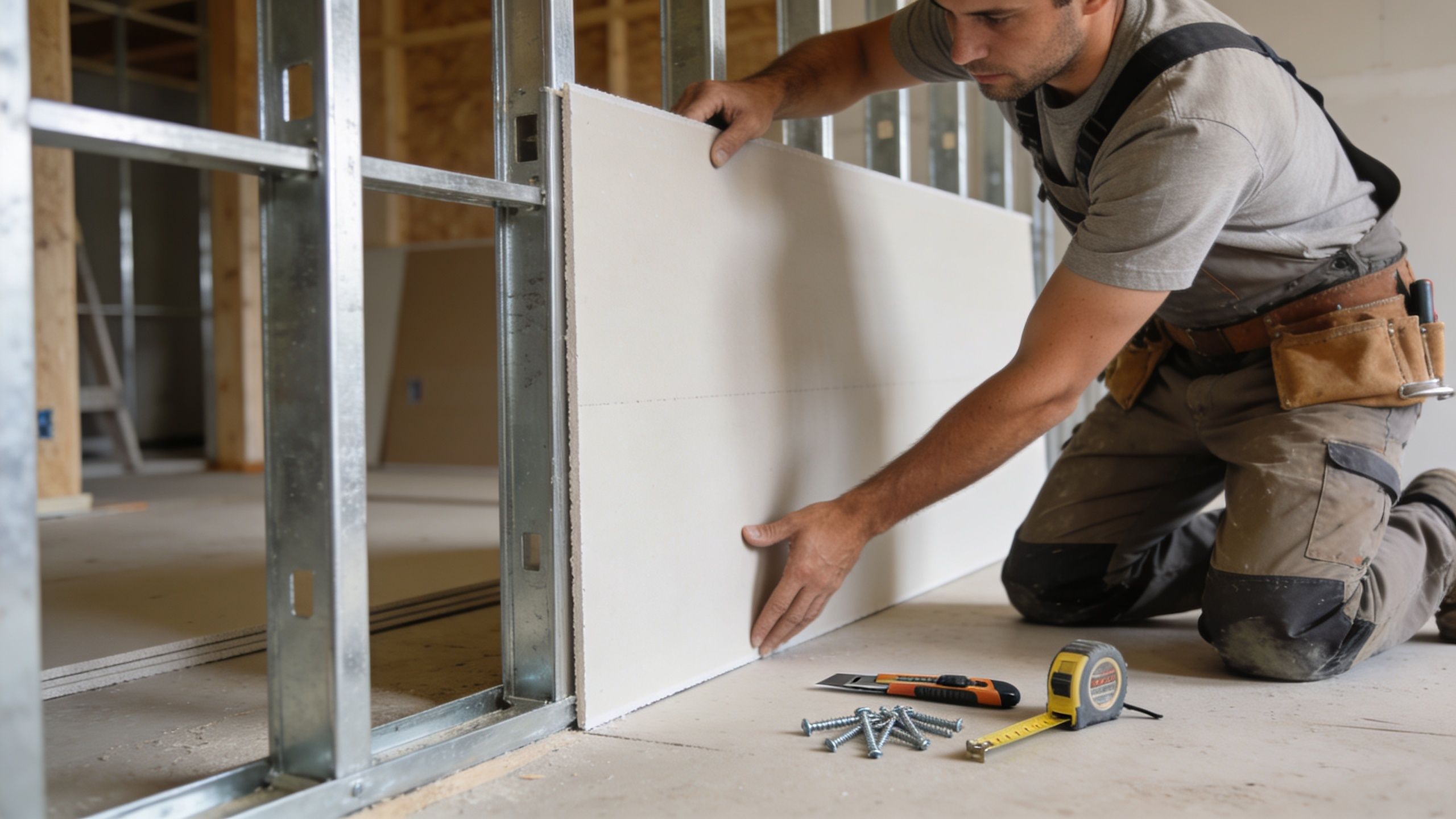 A professional drywall contractor kneeling on a construction site while installing a sheet of drywall on metal framing.